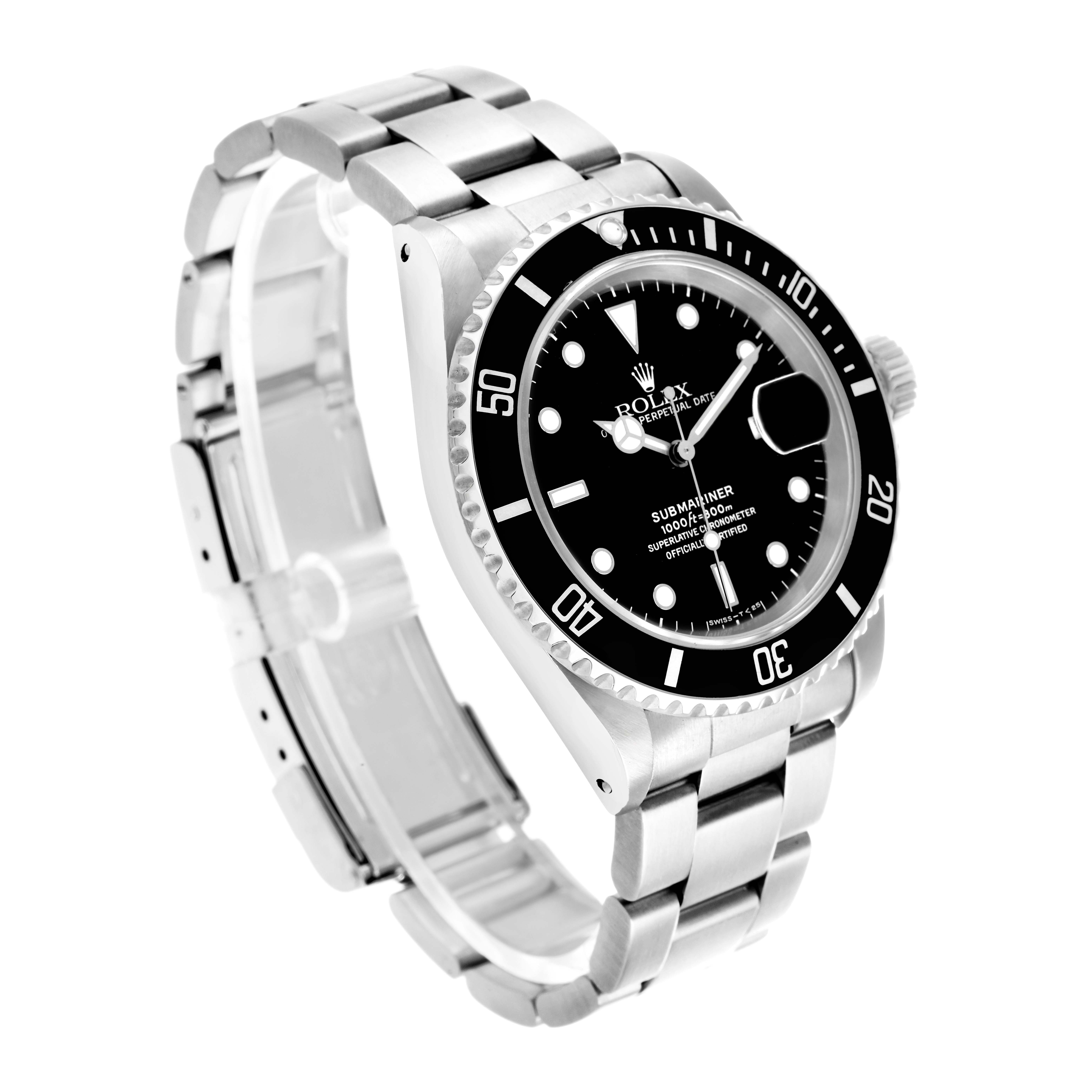 The Rolex Submariner 16610 Men's Stainless Steel Black Dial is shown at a three-quarter angle, highlighting its bezel, dial, and stainless steel bracelet.