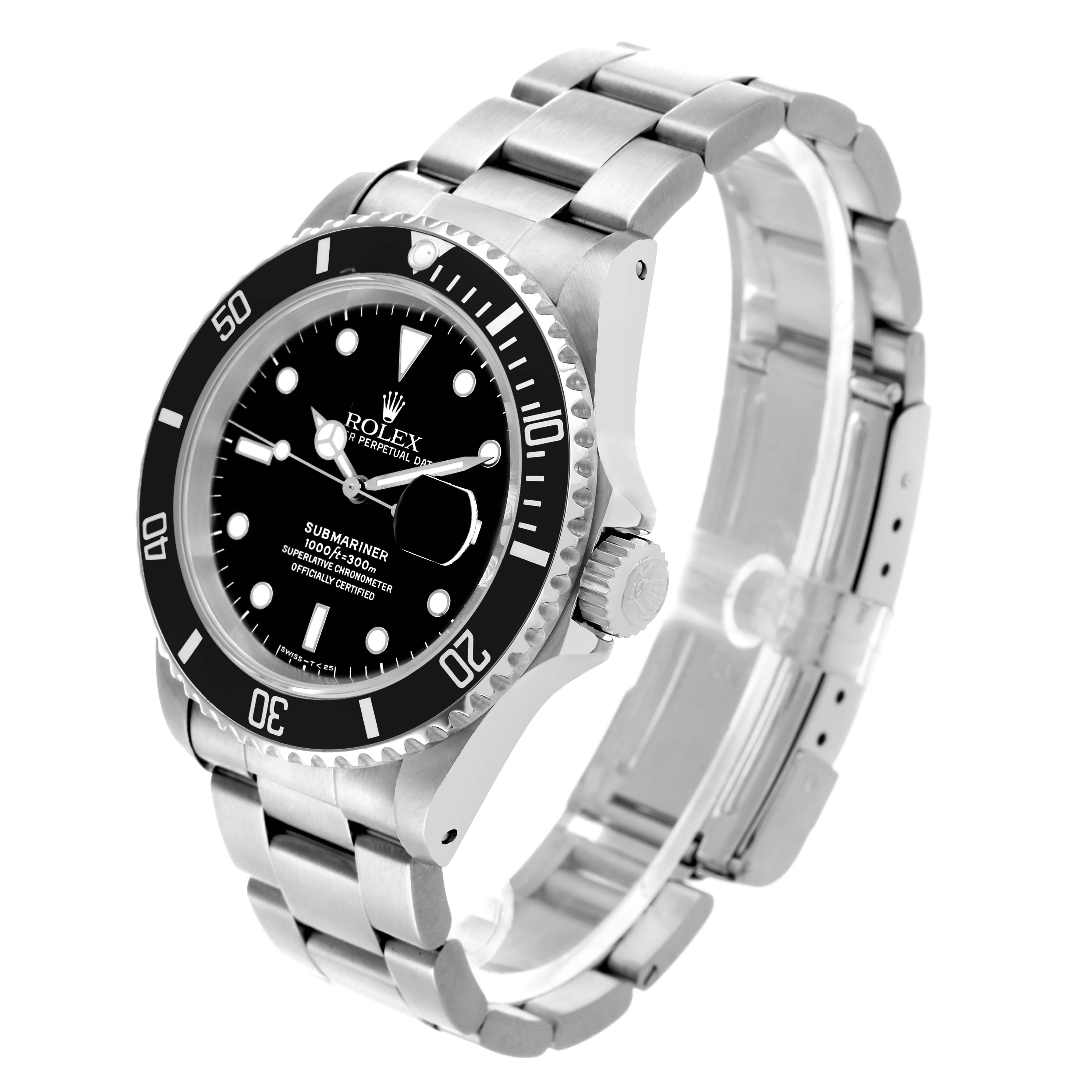 The Rolex Submariner 16610 Men's Stainless Steel Black Dial watch is shown at a three-quarter angle, highlighting the dial, bezel, bracelet, and crown.