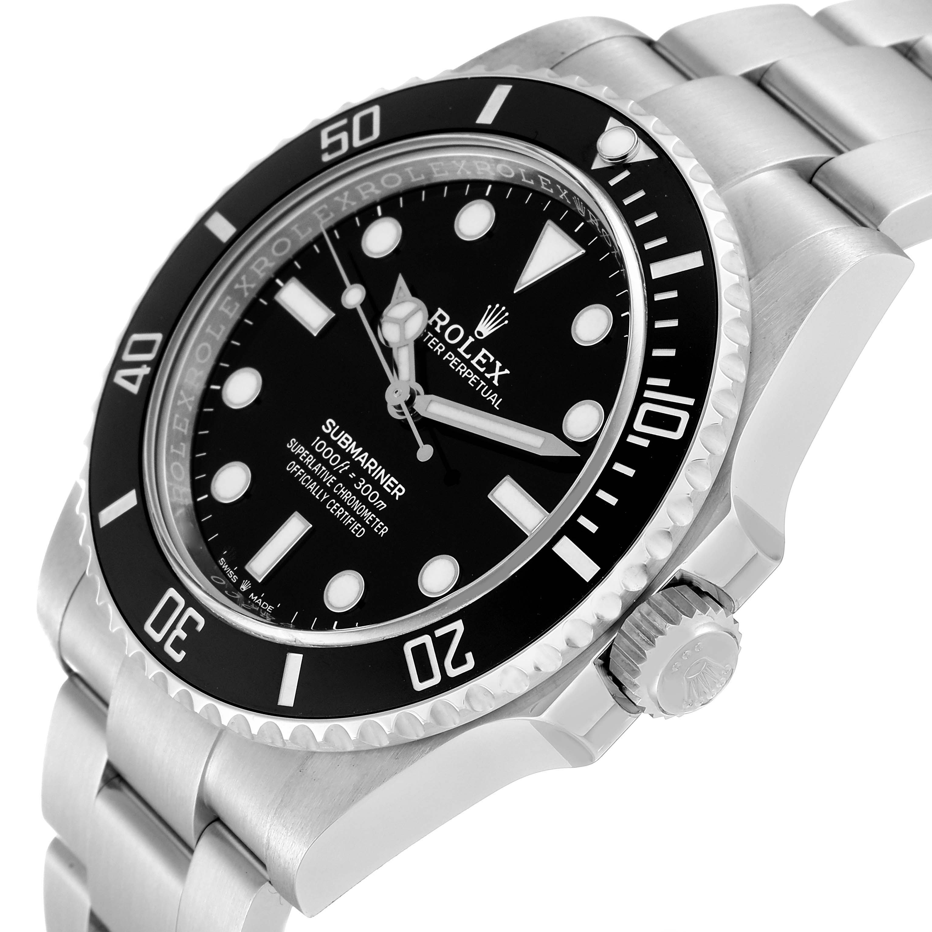 The image shows a Rolex Submariner 124060 Men's Stainless Steel Black Dial 124060 Men's Stainless Steel Black Dial watch at an angled side view, highlighting the bezel, crown, dial, and bracelet.