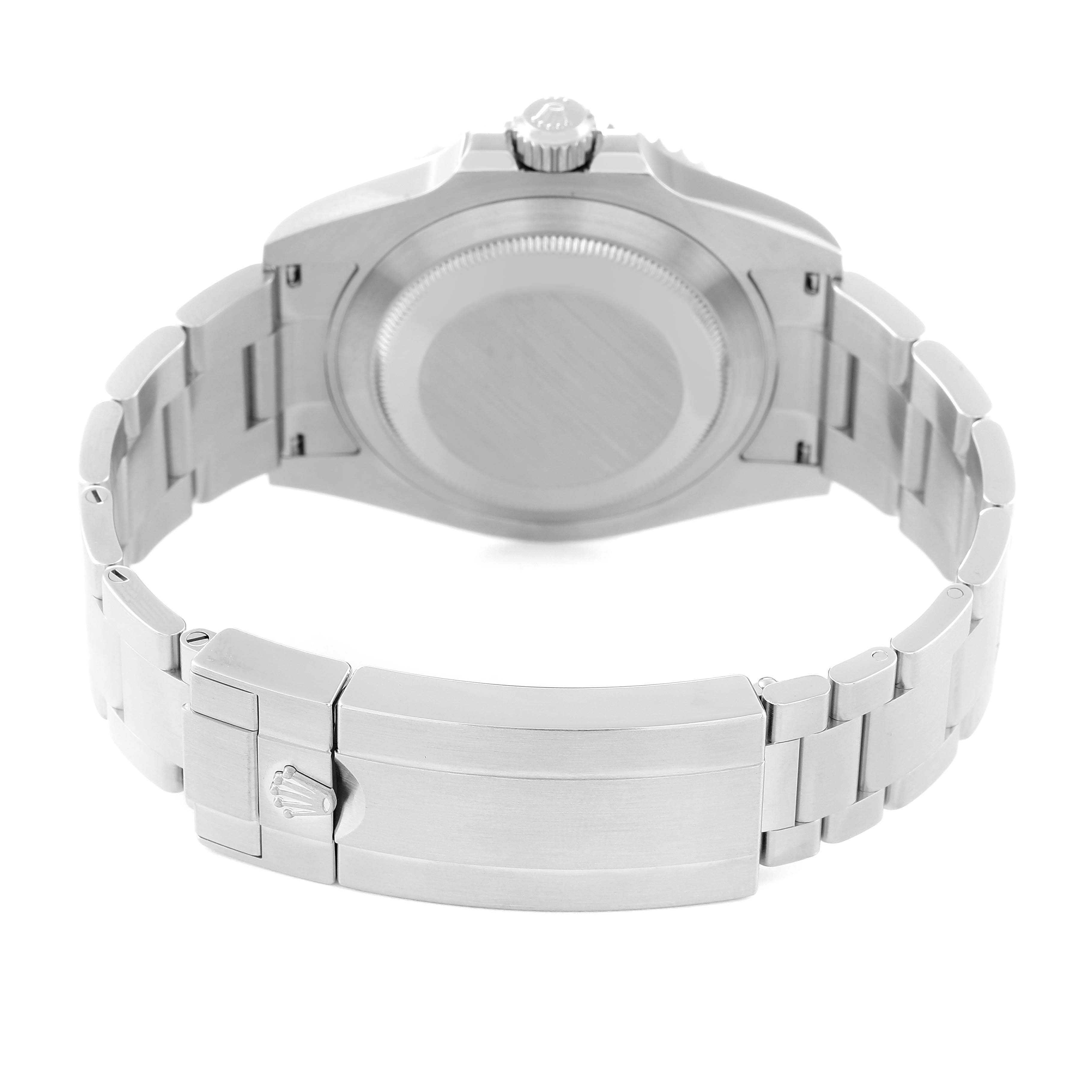 This image shows the back side of a Rolex Submariner 124060 Men's Stainless Steel Black Dial 124060 Men's Stainless Steel Black Dial watch, highlighting the case back and bracelet clasp.