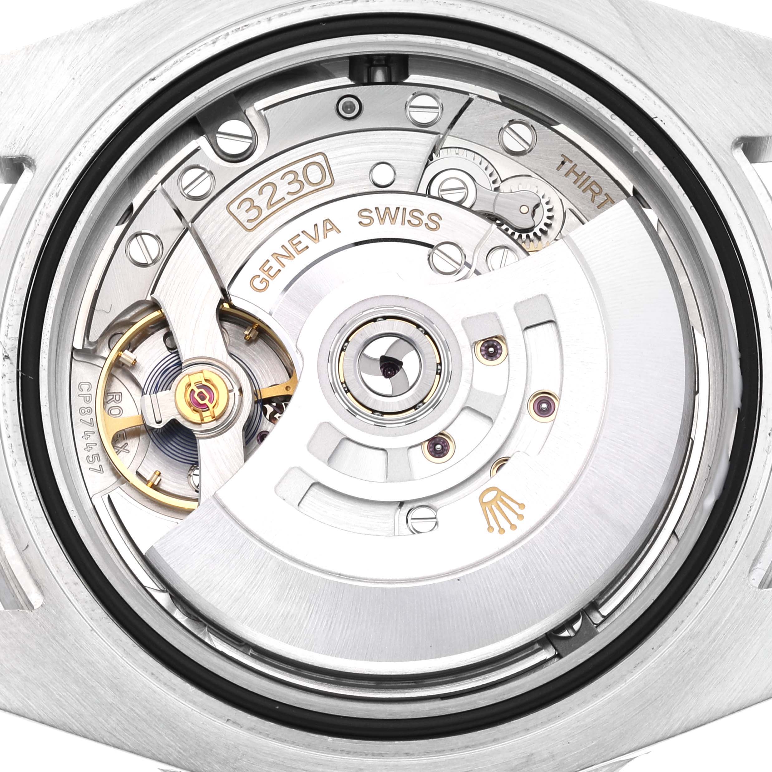 The image shows the movement and intricate internal components of a Rolex Submariner 124060 Men's Stainless Steel Black Dial 124060 Men's Stainless Steel Black Dial, model 3230, viewed from the back.