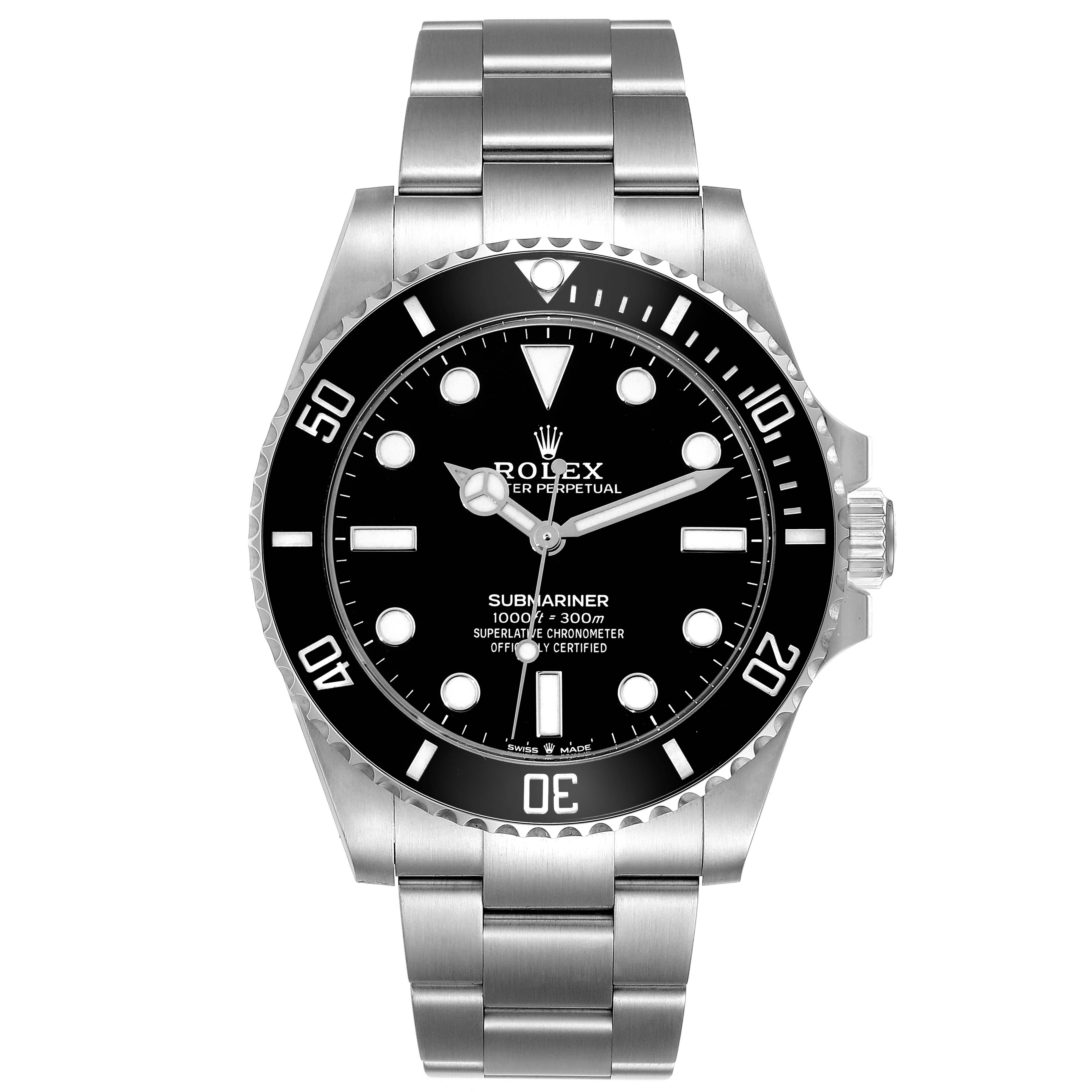 This image shows the front view of a Rolex Submariner 124060 Men's Stainless Steel Black Dial 124060 Men's Stainless Steel Black Dial watch, displaying the face, bezel, and stainless steel bracelet.