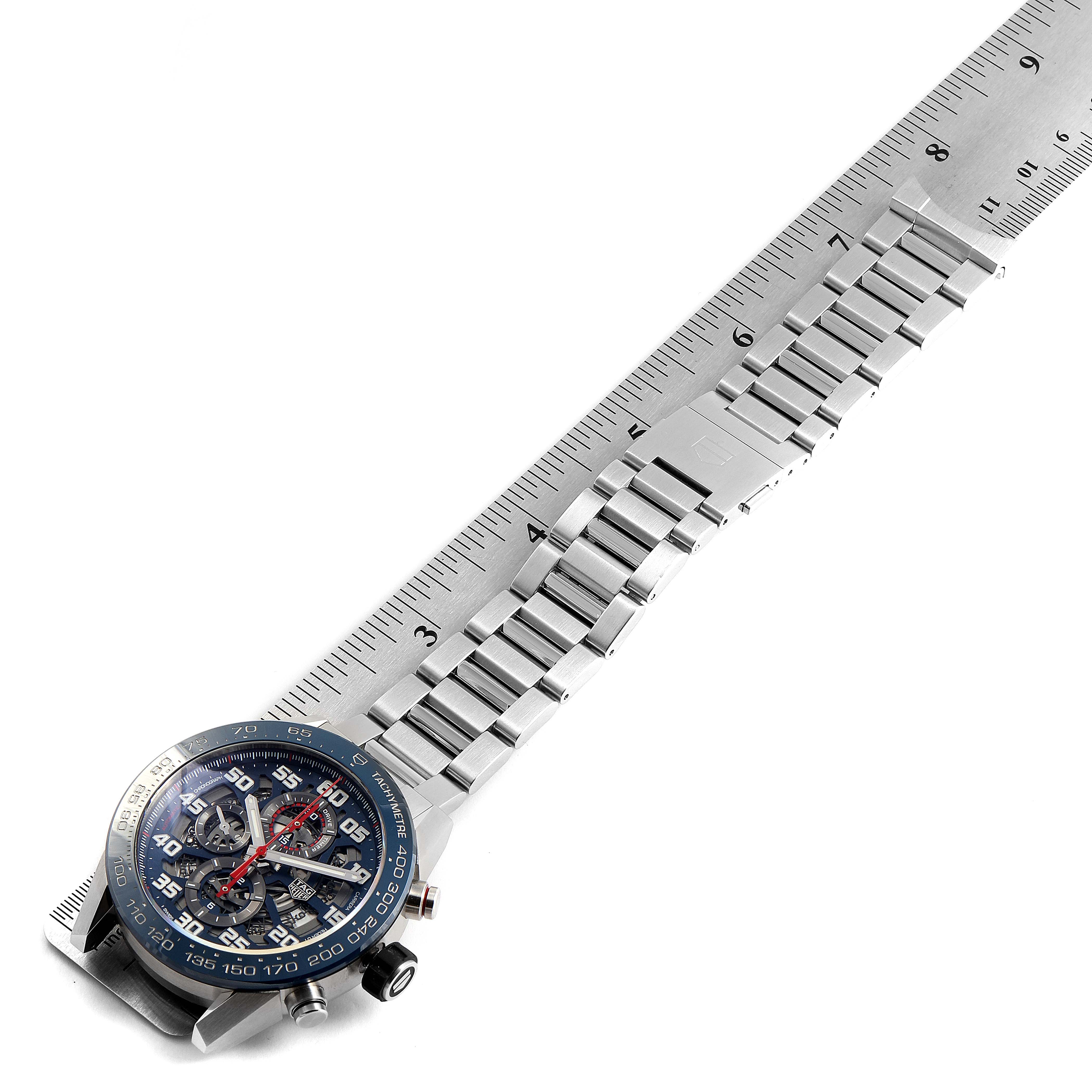 The image shows a Tag Heuer Carrera CAR2A1K.BA0703 Men
s Stainless Steel Blue Dial CAR2A1K.BA0703 Men
s Stainless Steel Blue Dial watch, displaying the dial and full metal bracelet from a top-down angle, measured with a ruler.