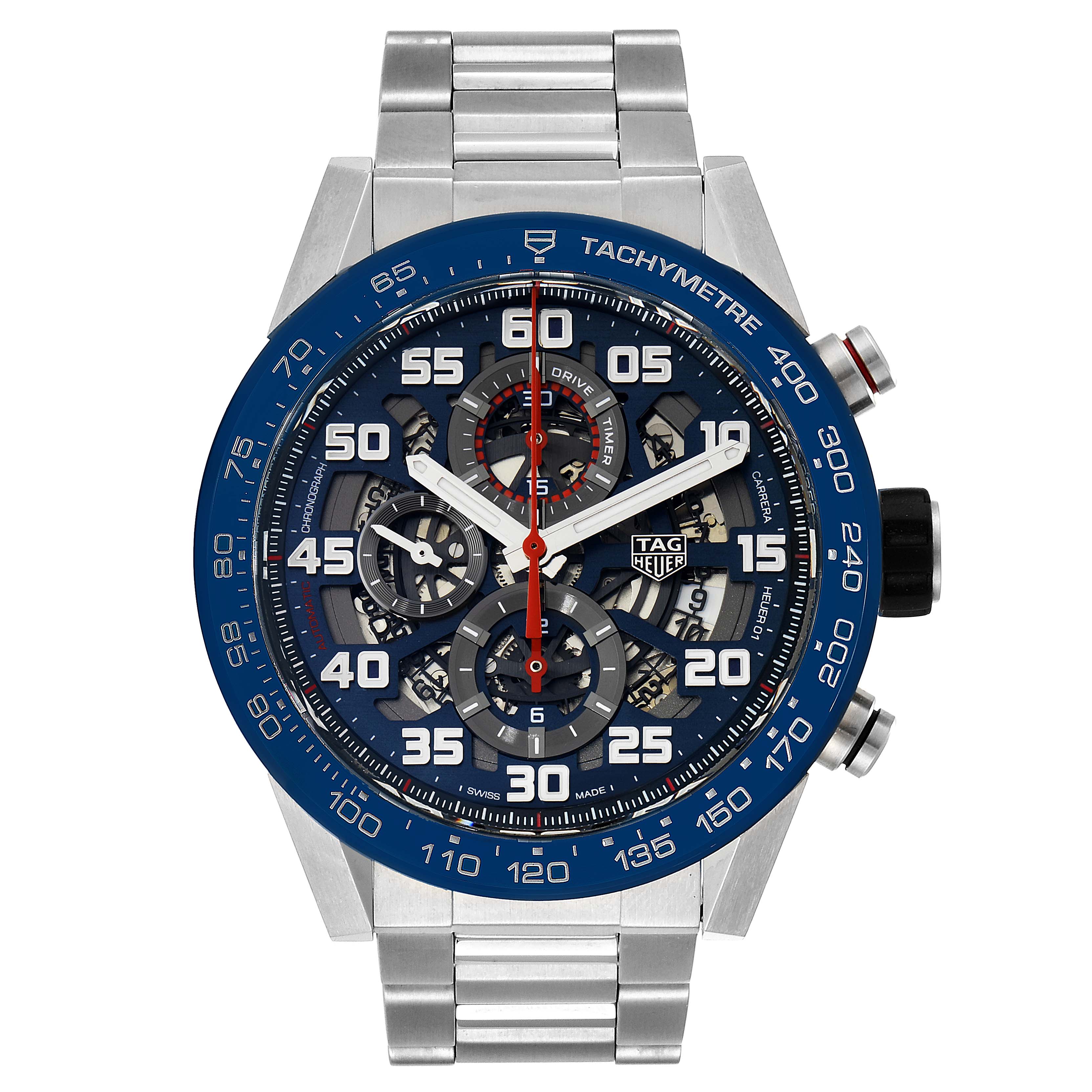 The image shows a frontal view of a Tag Heuer Carrera CAR2A1K.BA0703 Men
s Stainless Steel Blue Dial CAR2A1K.BA0703 Men
s Stainless Steel Blue Dial watch, highlighting the dial, tachymeter, and metal bracelet.