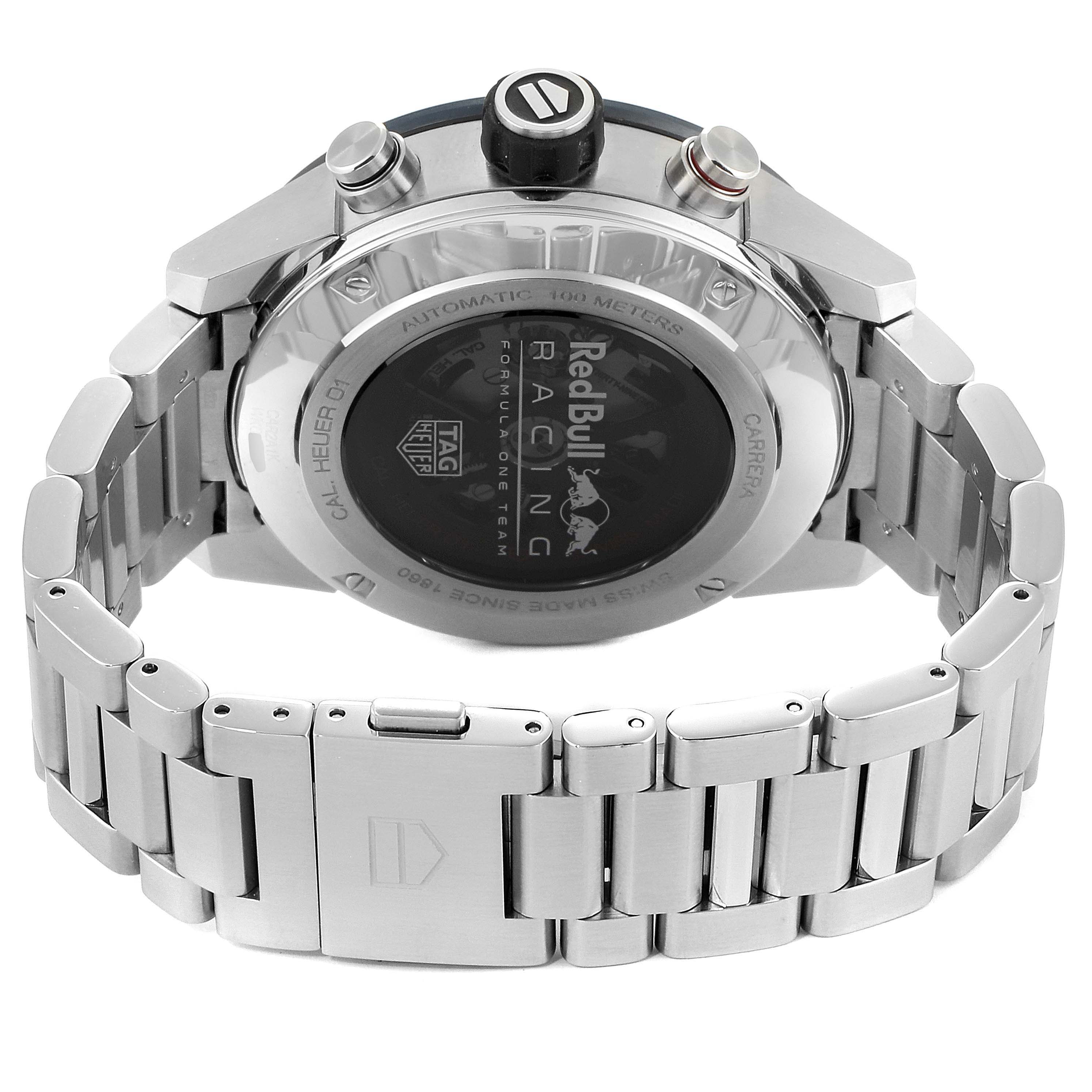 The image shows the back case and metal bracelet of a Tag Heuer Carrera CAR2A1K.BA0703 Men
s Stainless Steel Blue Dial CAR2A1K.BA0703 Men
s Stainless Steel Blue Dial watch, illustrating the rear engravings and clasp.