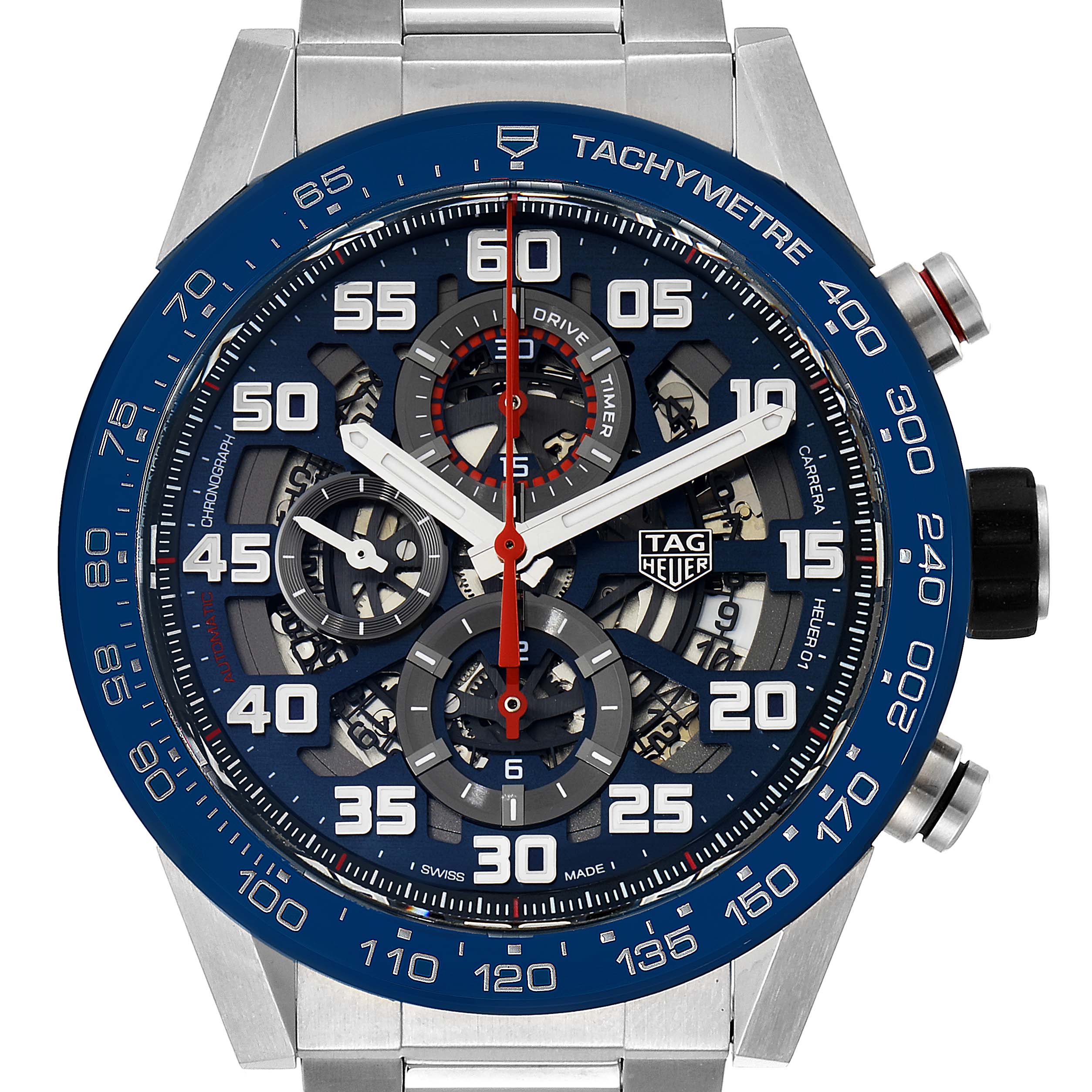 The image shows a front, close-up view of the Tag Heuer Carrera CAR2A1K.BA0703 Men
s Stainless Steel Blue Dial CAR2A1K.BA0703 Men
s Stainless Steel Blue Dial watch, highlighting the dial, hands, chronographs, and bezel.