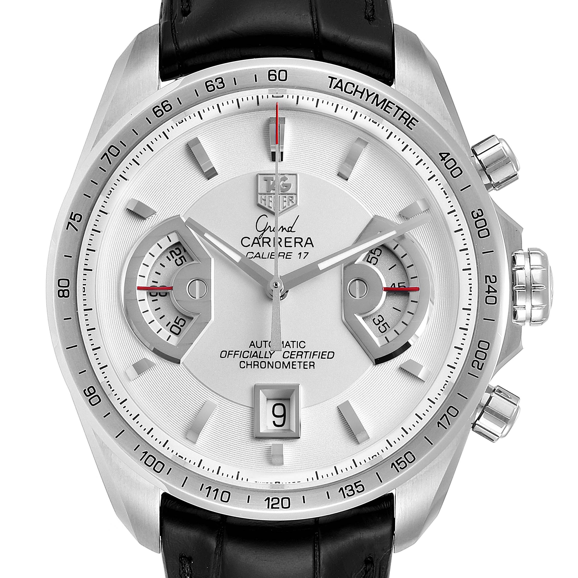 This image shows the Tag Heuer Carrera CAV511B.FC6231 Men
s Stainless Steel Silver Dial CAV511B.FC6231 Men
s Stainless Steel Silver Dial watch front-on, highlighting its dial, hands, sub-dials, crown, and tachymeter bezel.