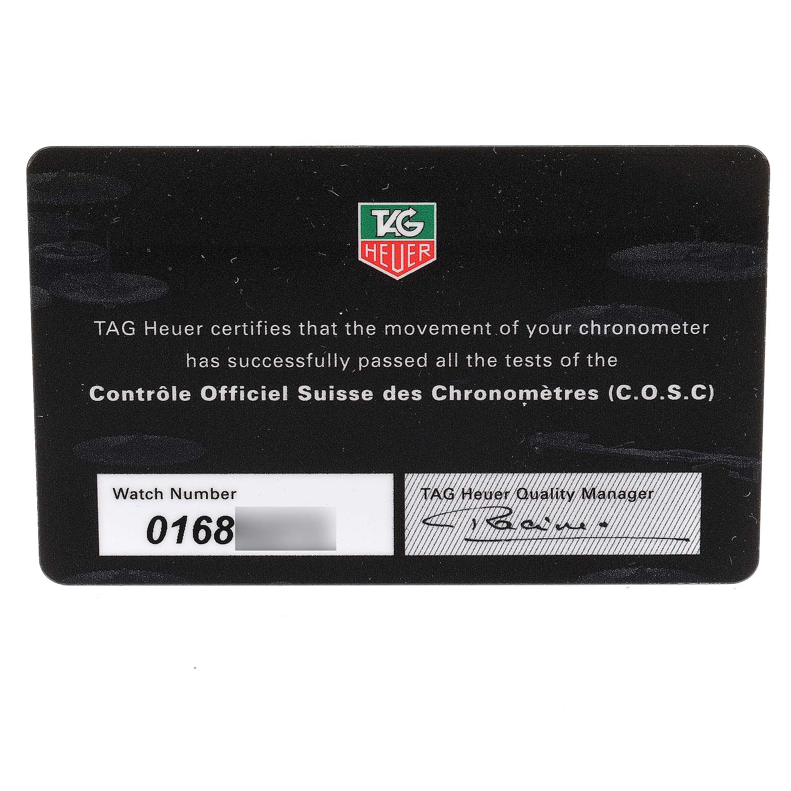 The image shows a Tag Heuer Carrera CAV511B.FC6231 Men
s Stainless Steel Silver Dial CAV511B.FC6231 Men
s Stainless Steel Silver Dial watch certification card with details of COSC certification and the watch number.