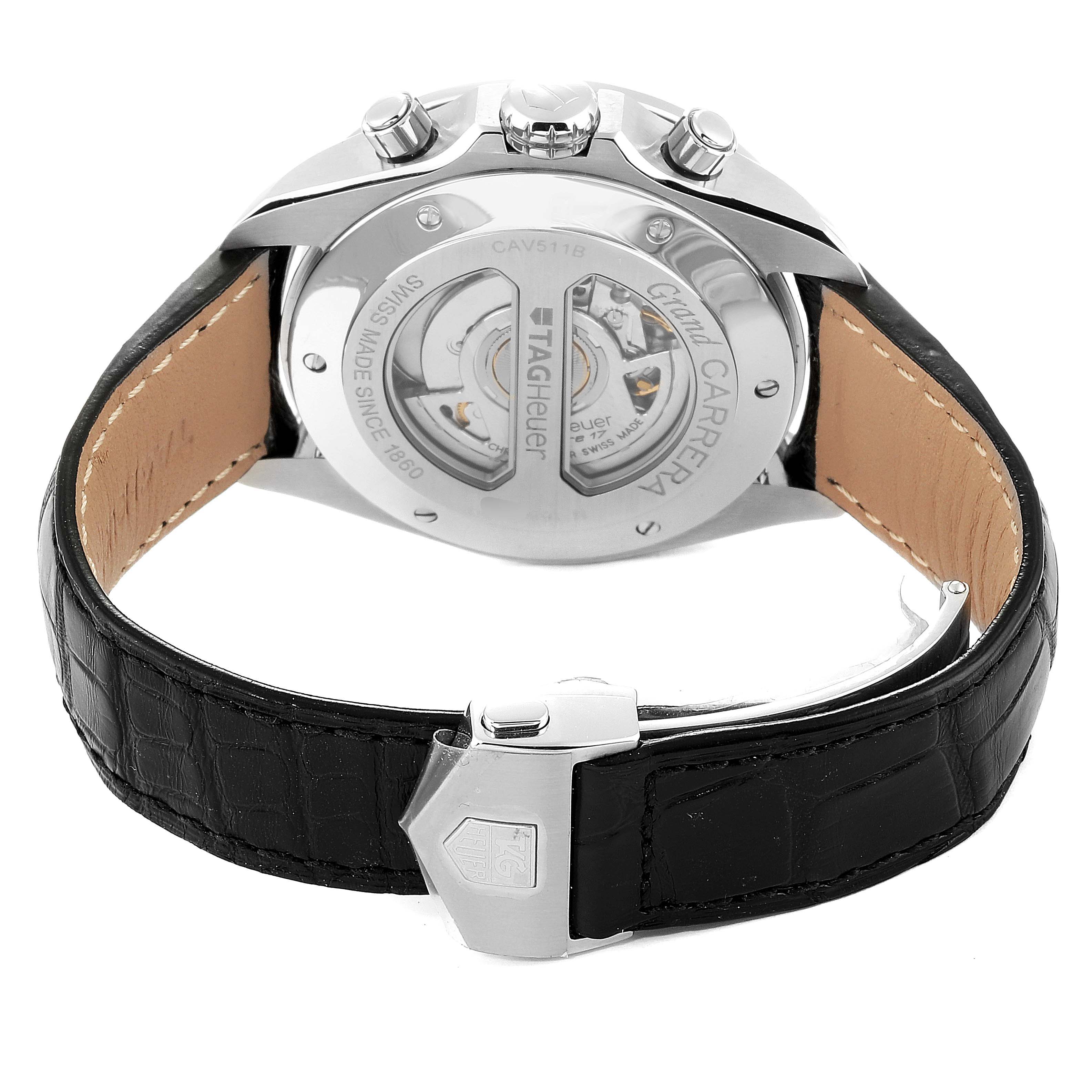 The image shows the back view of a Tag Heuer Carrera CAV511B.FC6231 Men
s Stainless Steel Silver Dial CAV511B.FC6231 Men
s Stainless Steel Silver Dial with visible movement and black leather strap.