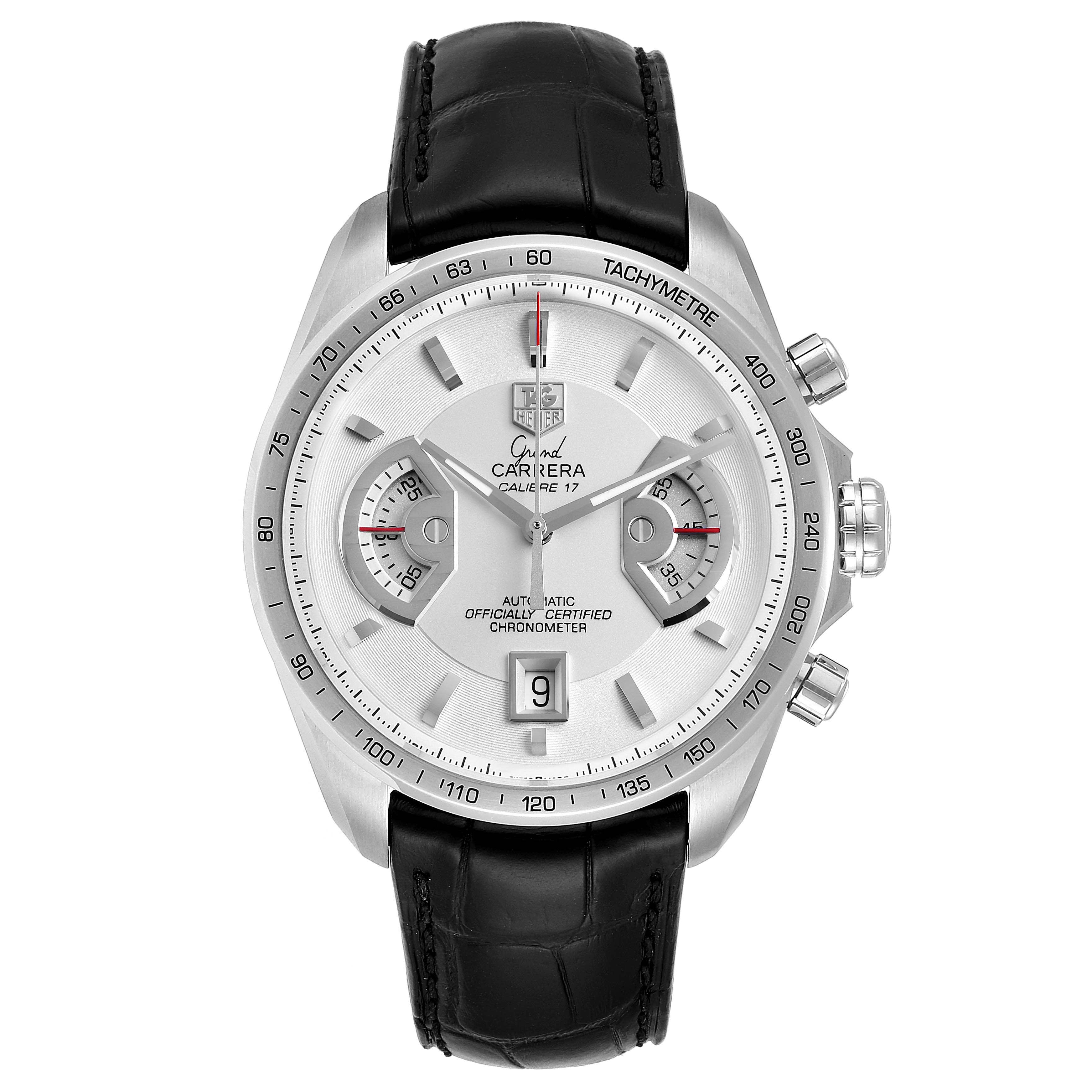 The image shows a front view of a Tag Heuer Carrera CAV511B.FC6231 Men
s Stainless Steel Silver Dial CAV511B.FC6231 Men
s Stainless Steel Silver Dial watch with a leather strap and multiple dials.