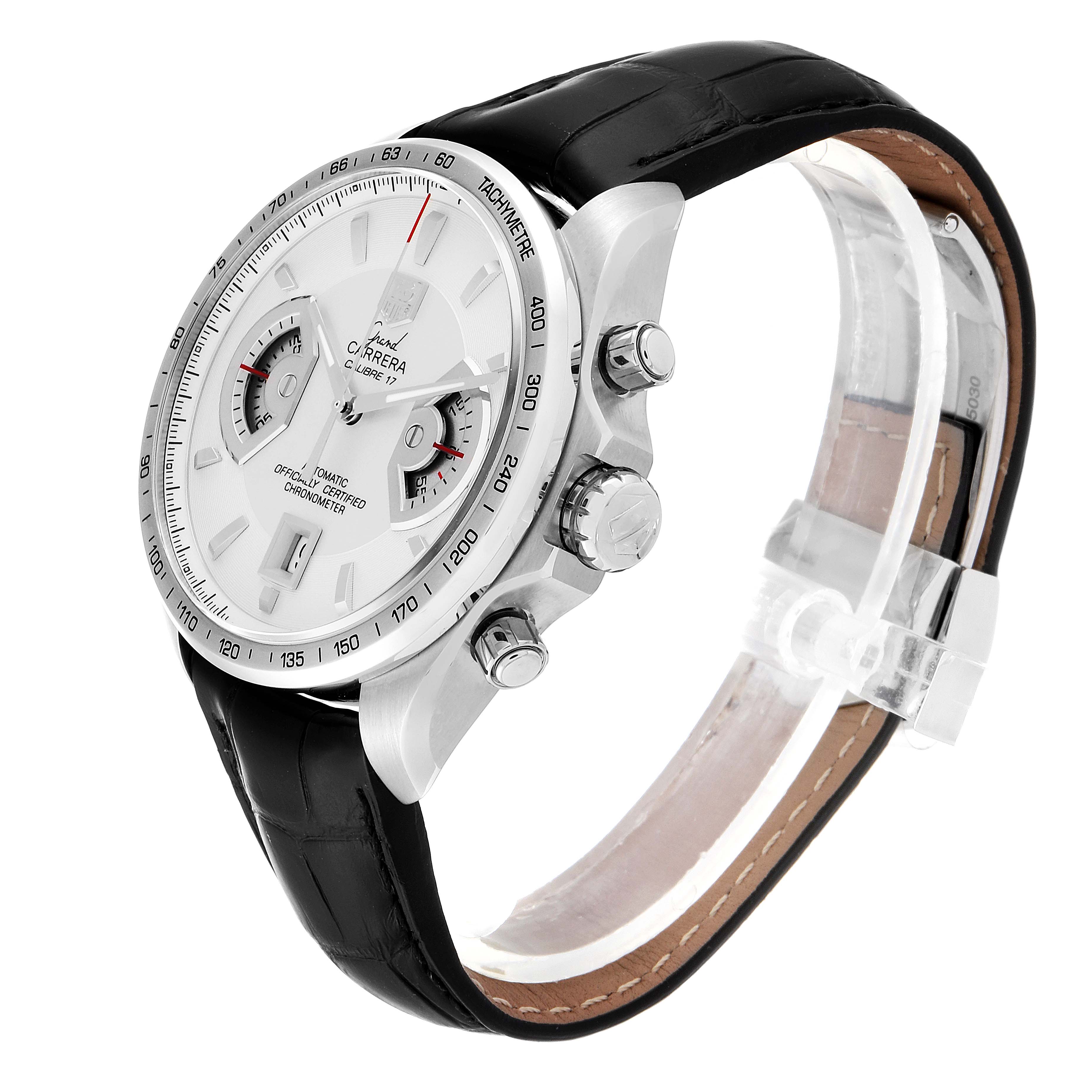 The Tag Heuer Carrera CAV511B.FC6231 Men
s Stainless Steel Silver Dial CAV511B.FC6231 Men
s Stainless Steel Silver Dial watch is shown at an oblique angle, highlighting the face, crown, pushers, and black leather strap.