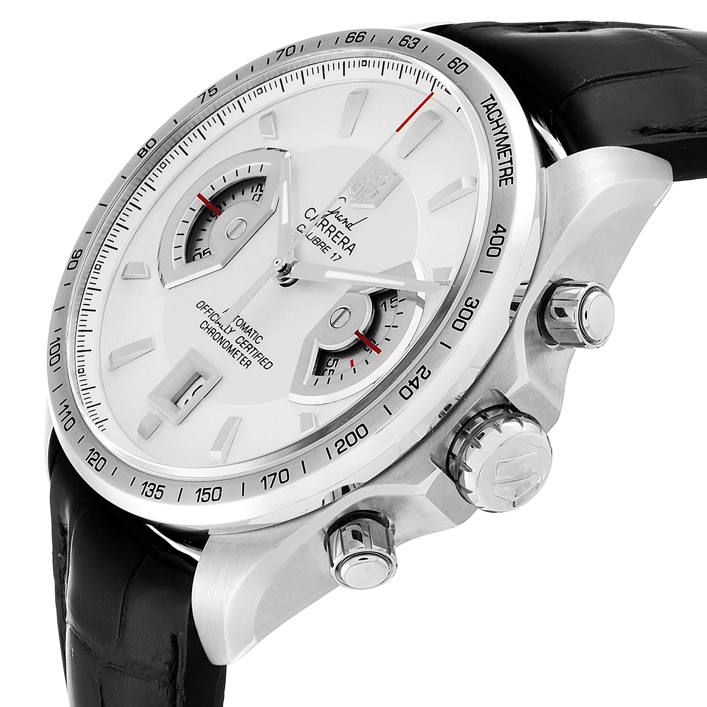 The image shows a Tag Heuer Carrera CAV511B.FC6231 Men
s Stainless Steel Silver Dial CAV511B.FC6231 Men
s Stainless Steel Silver Dial watch at an angle, highlighting the dial, crown, pushers, and part of the leather strap.