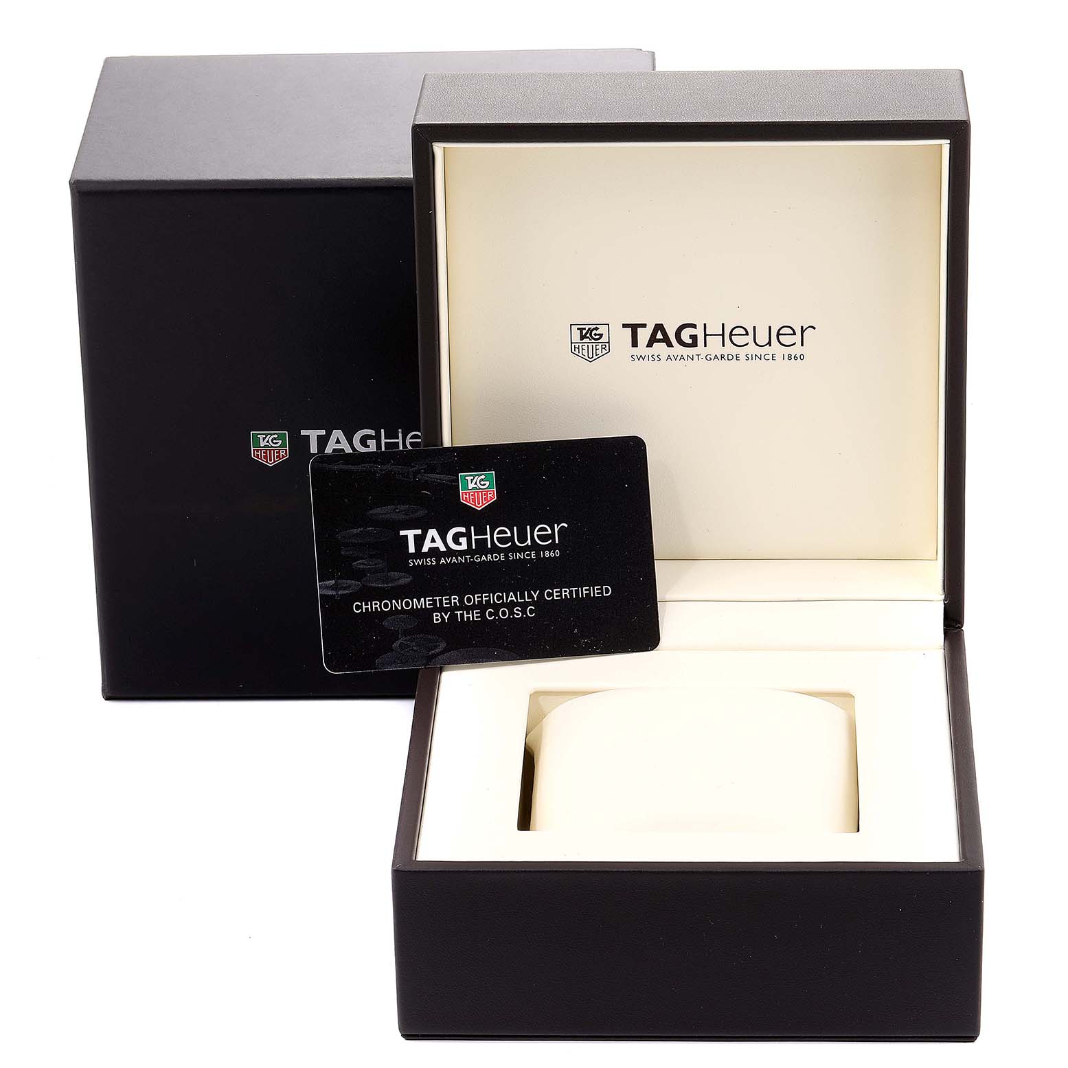 The image shows the packaging box and certification card for a Tag Heuer Carrera CAV511B.FC6231 Men
s Stainless Steel Silver Dial CAV511B.FC6231 Men
s Stainless Steel Silver Dial watch, viewed from the front.