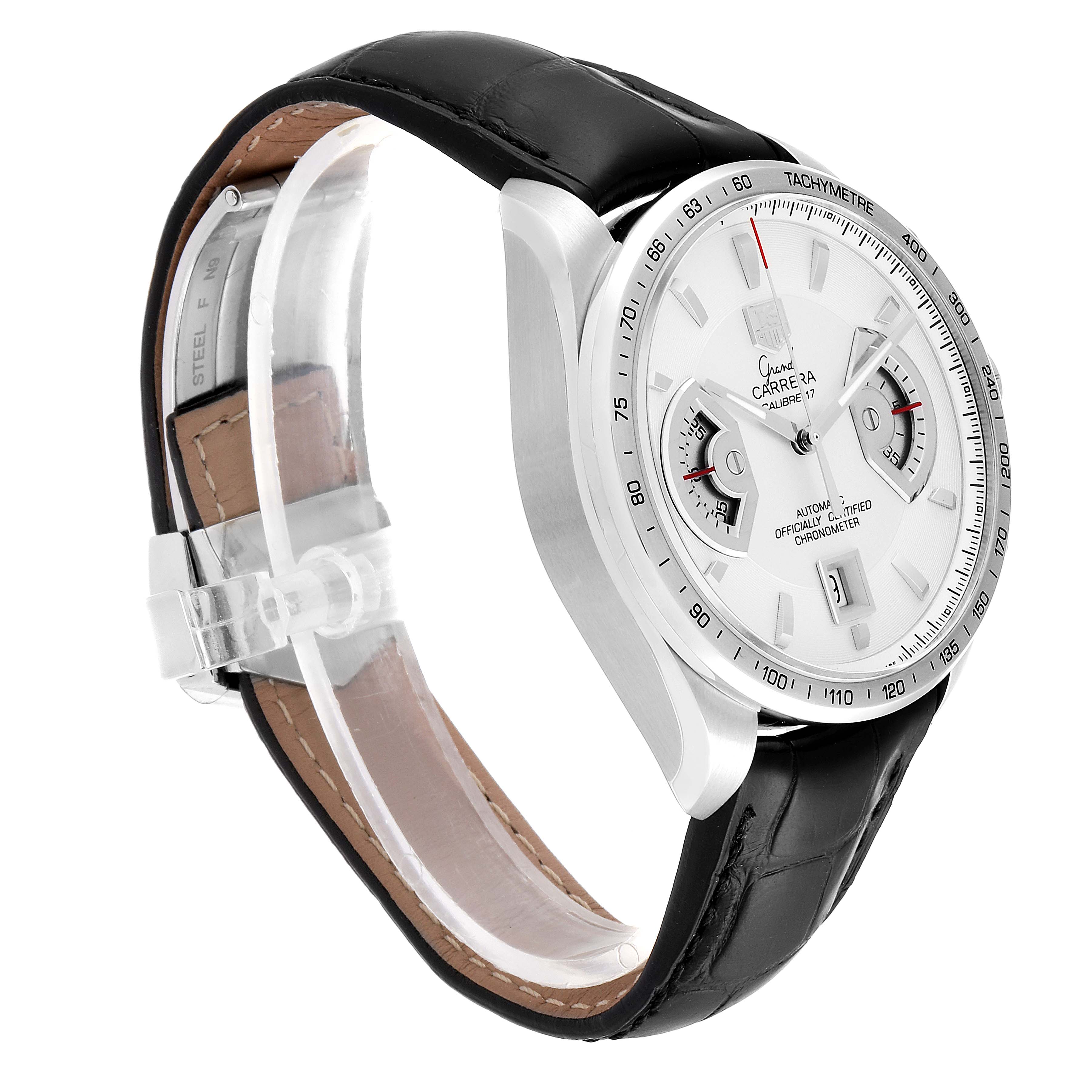 The image shows a side angle of the Tag Heuer Carrera CAV511B.FC6231 Men
s Stainless Steel Silver Dial CAV511B.FC6231 Men
s Stainless Steel Silver Dial watch, highlighting the face, bezel, and black leather strap.