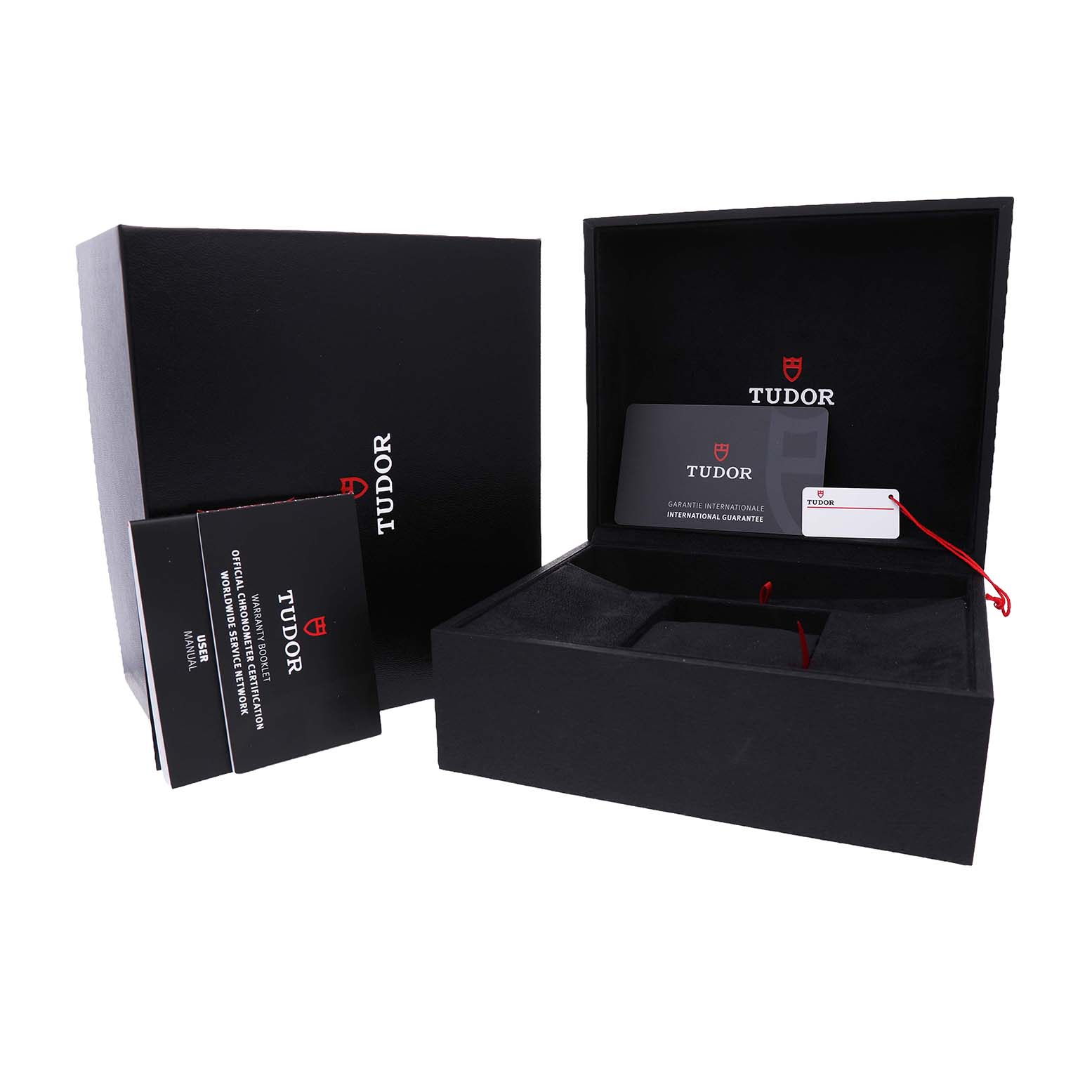 The image shows the Tudor Heritage Black Bay 79250BA Men's Bronze Grey Dial packaging, including boxes, manuals, a warranty card, and a tag.