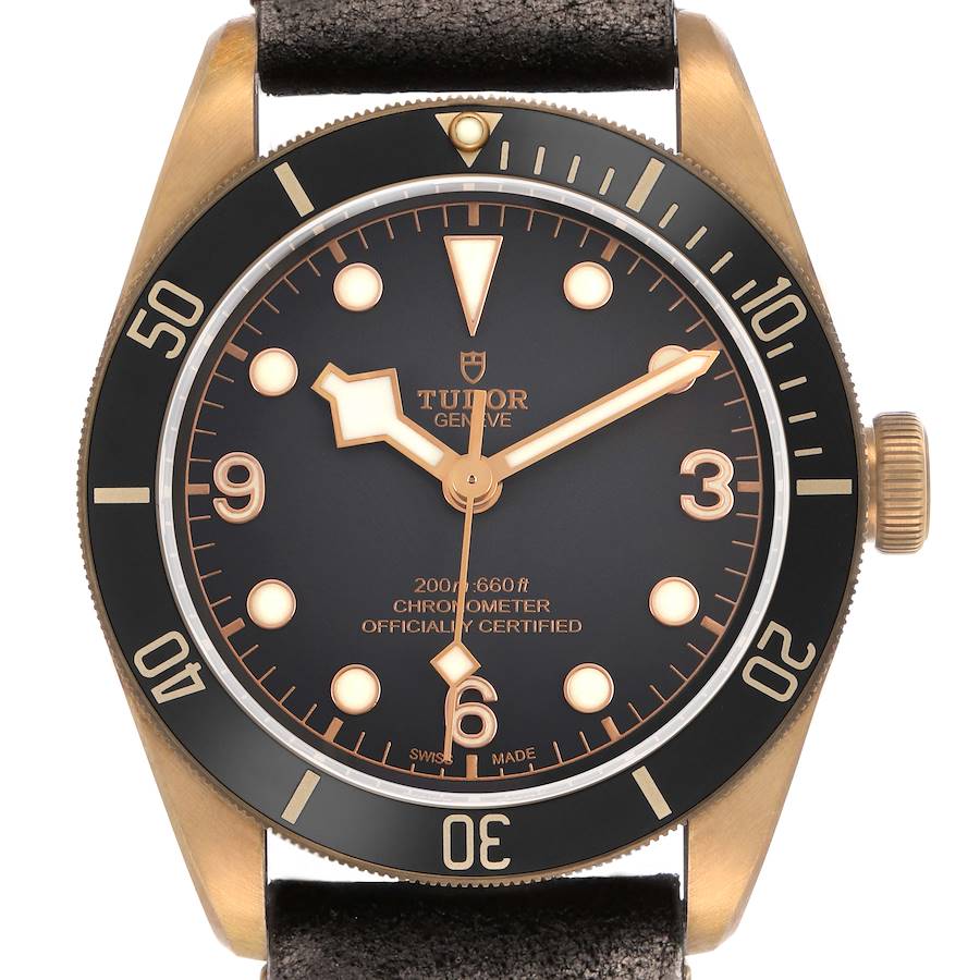 The Tudor Heritage Black Bay 79250BA Men's Bronze Grey Dial watch is shown from a direct front angle, displaying the face and bezel clearly.