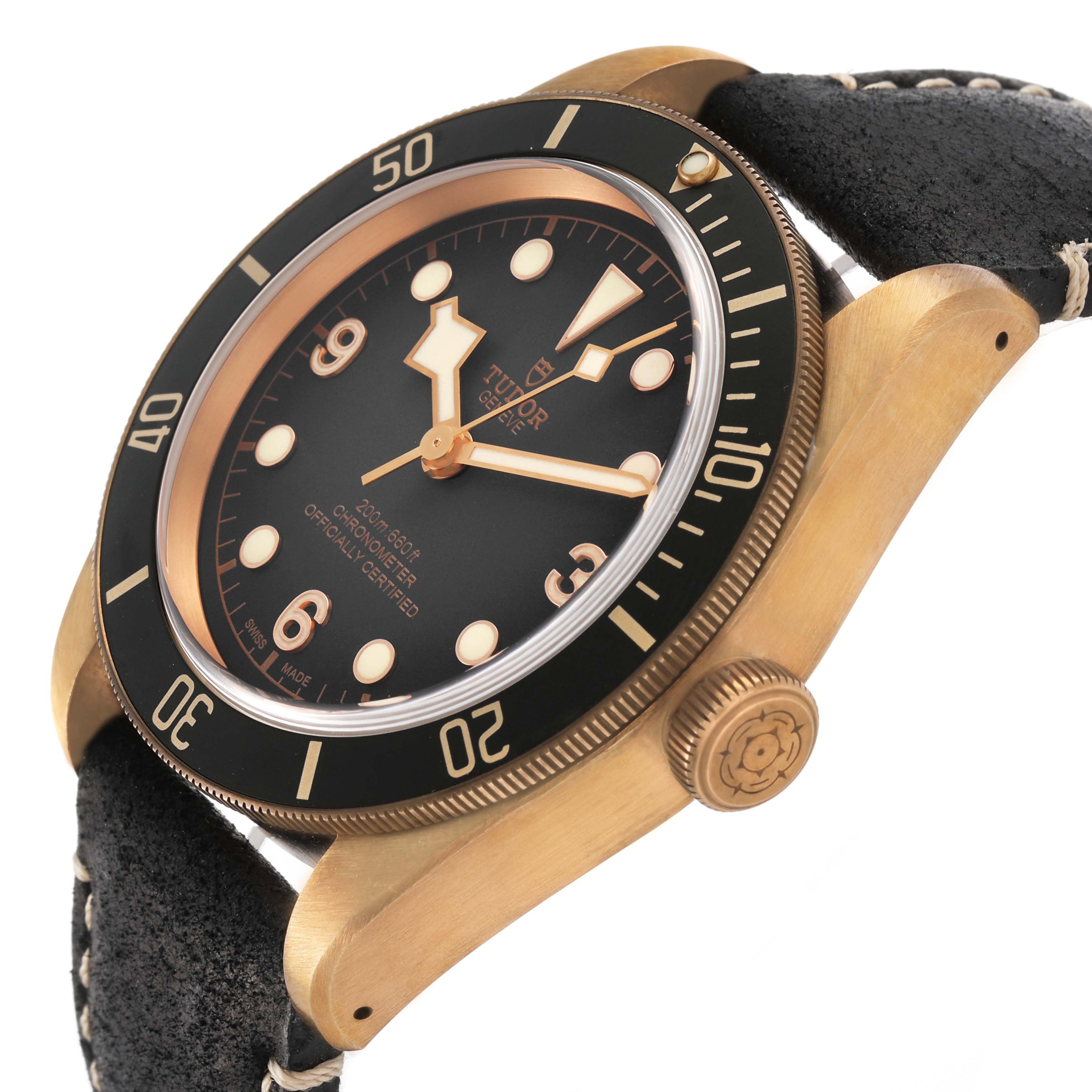 The Tudor Heritage Black Bay 79250BA Men's Bronze Grey Dial watch is shown at a slight angle, displaying the bezel, dial, crown, and part of the strap.