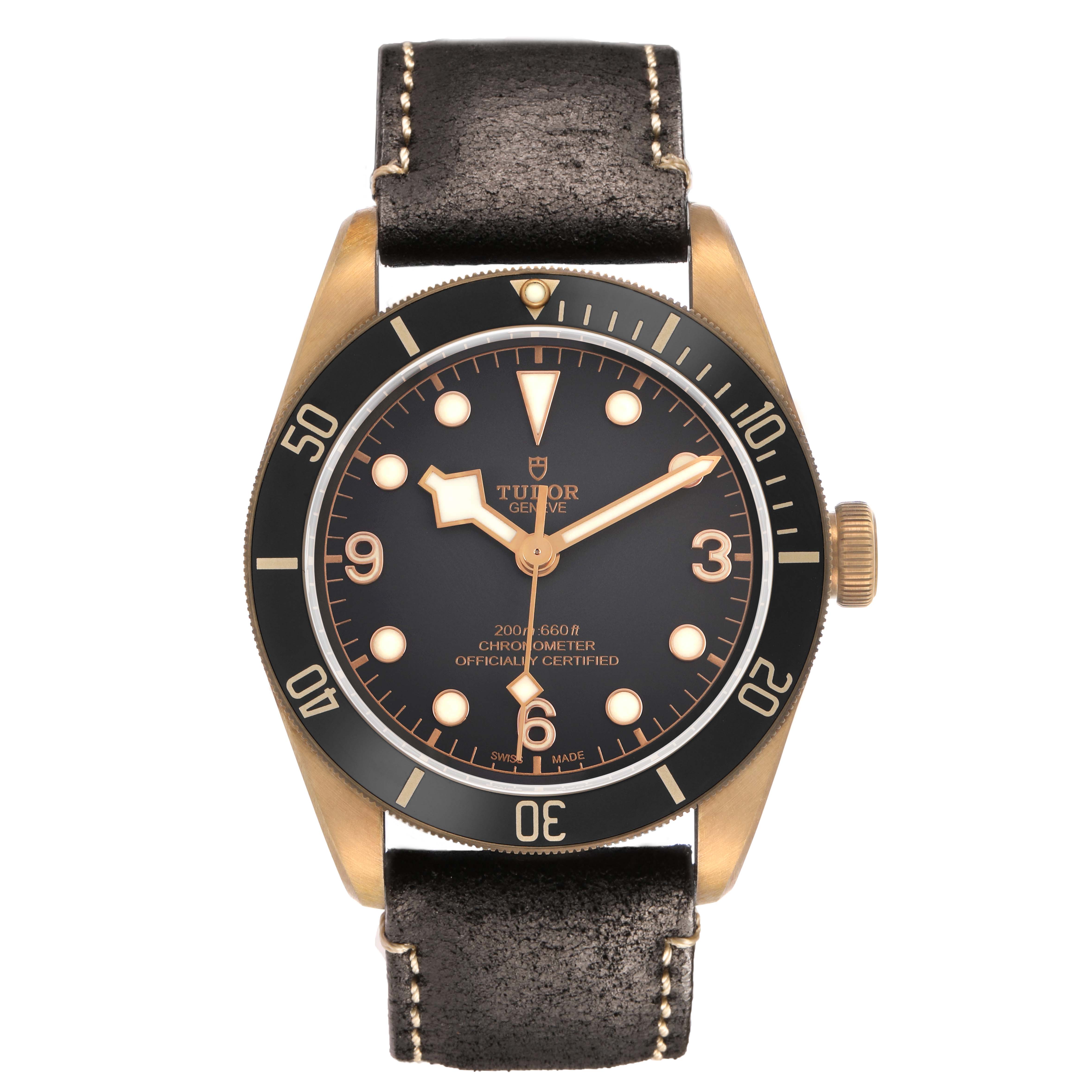 The Tudor Heritage Black Bay 79250BA Men's Bronze Grey Dial watch is shown from a front angle, displaying its dial, bezel, crown, and leather strap.
