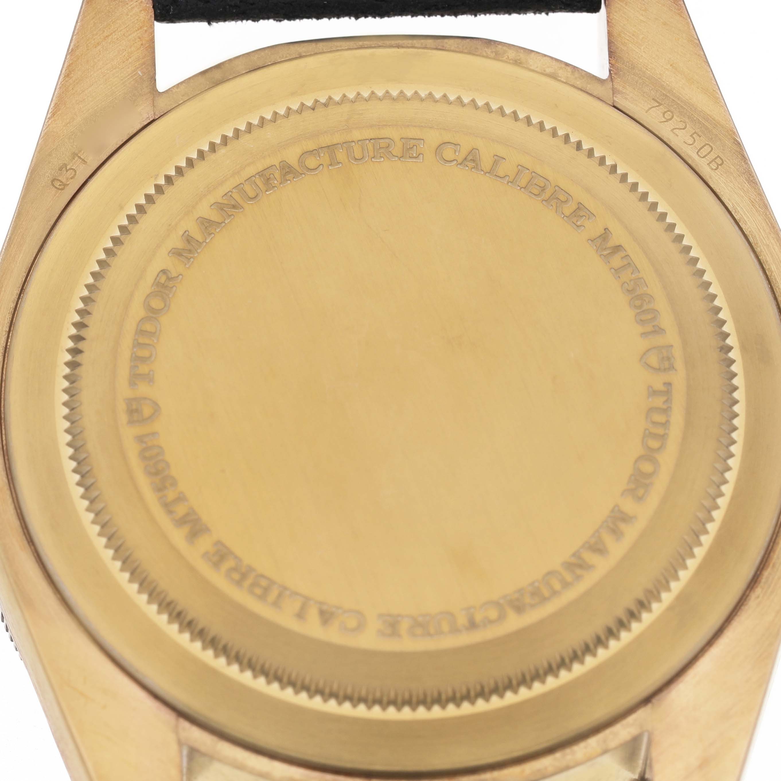 The image shows the case back of a Tudor Heritage Black Bay 79250BA Men's Bronze Grey Dial watch, revealing engravings and the model number.