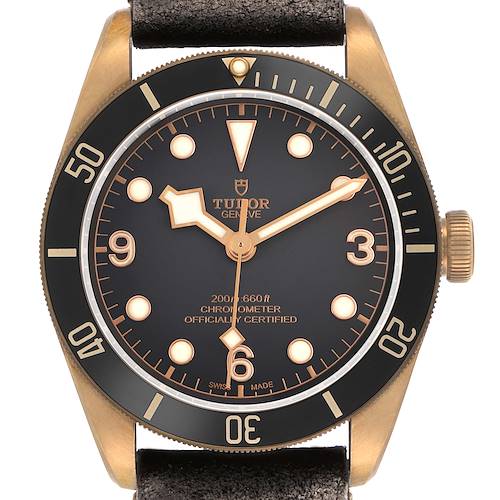 The Tudor Heritage Black Bay 79250BA Men's Bronze Grey Dial watch is shown from a front angle, displaying the dial, bezel, and crown clearly.