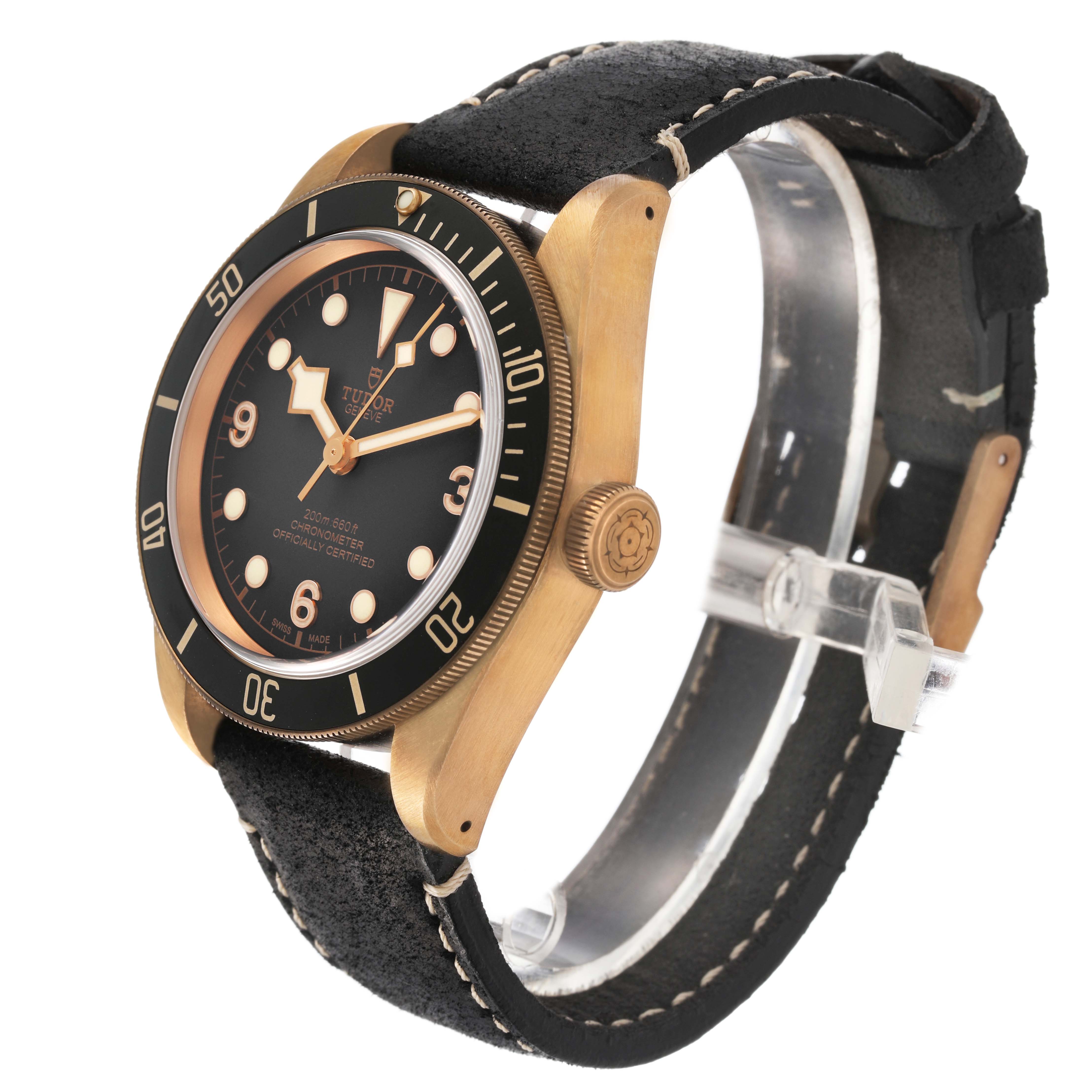 The Tudor Heritage Black Bay 79250BA Men's Bronze Grey Dial watch is shown at a three-quarter angle, displaying the face, bezel, crown, and strap.