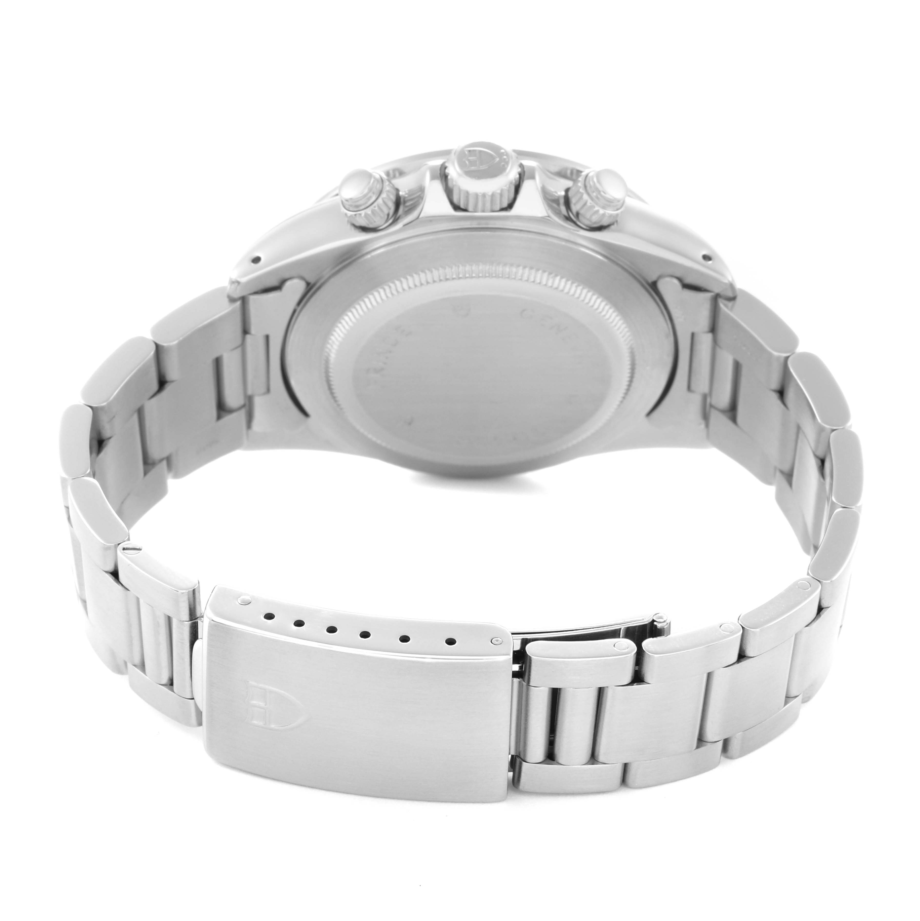 The image shows a Tudor Tiger 79280 Mens Stainless Steel Black Dial model watch from the back, highlighting the clasp, bracelet, case back, and pushers.