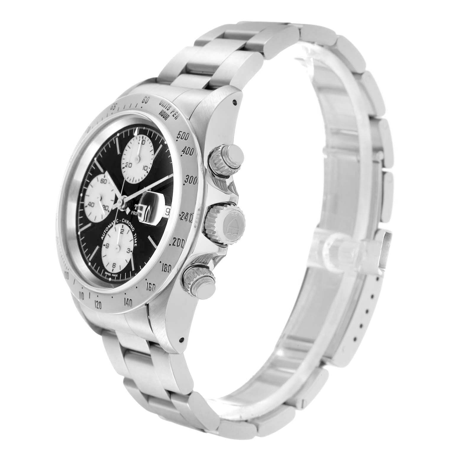 The watch shows a side profile of the Tudor Tiger 79280 Mens Stainless Steel Black Dial model, highlighting the case, bezel, crown, pushers, and bracelet.