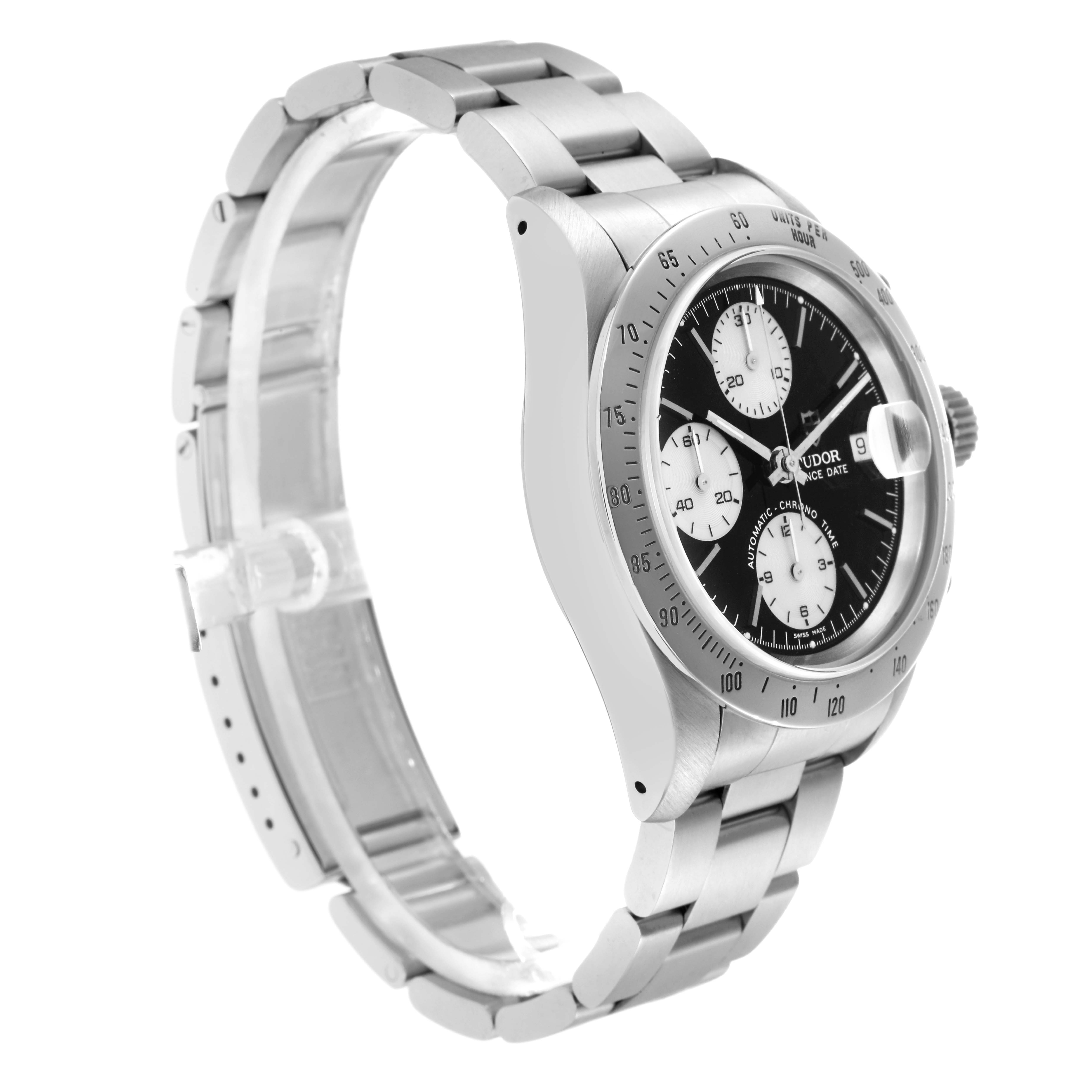 The Tudor Tiger 79280 Mens Stainless Steel Black Dial watch is shown at a slight side angle, highlighting the dial, bezel, crown, and bracelet.