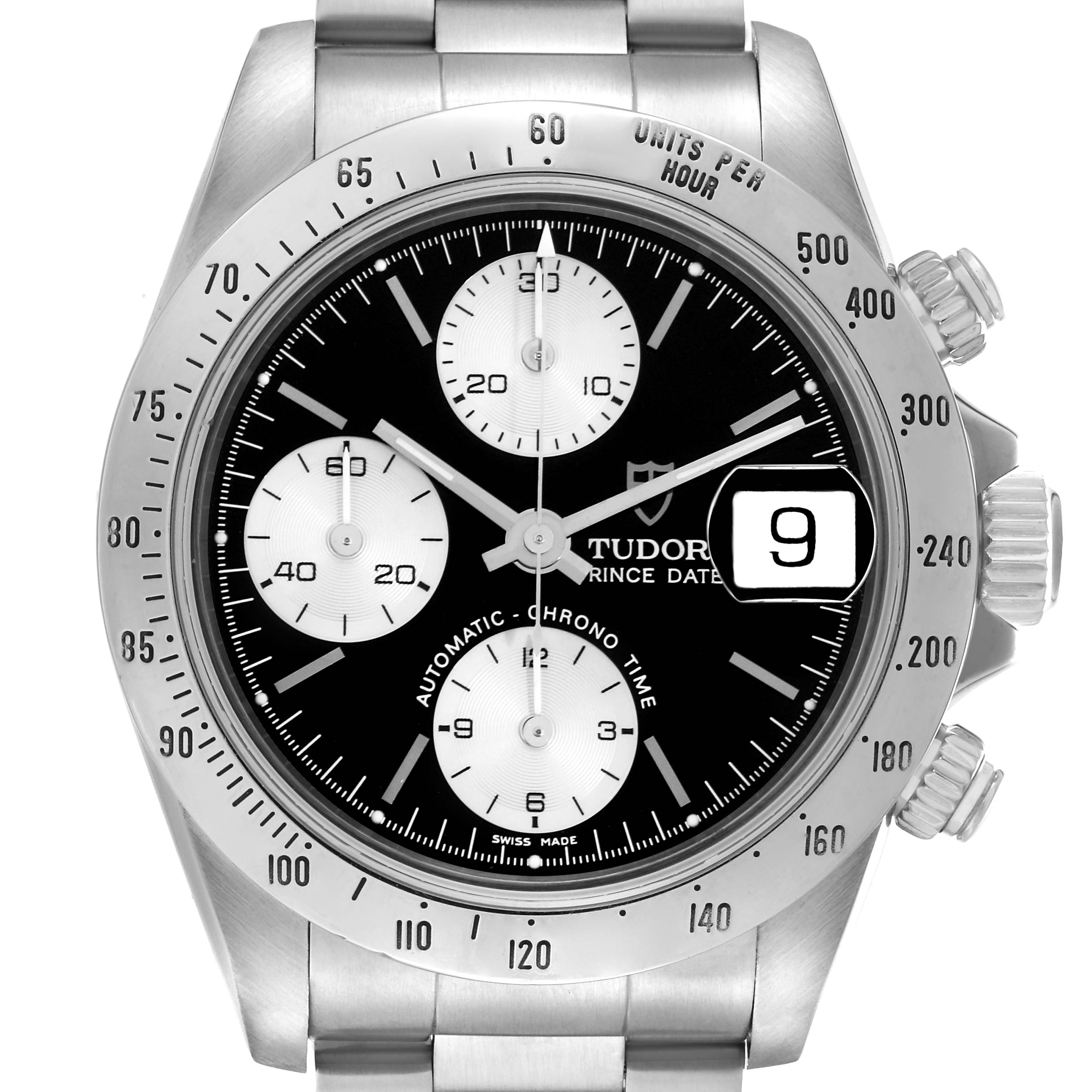 The Tudor Tiger 79280 Mens Stainless Steel Black Dial watch is shown from the front, displaying the dial, bezel, and pushers.