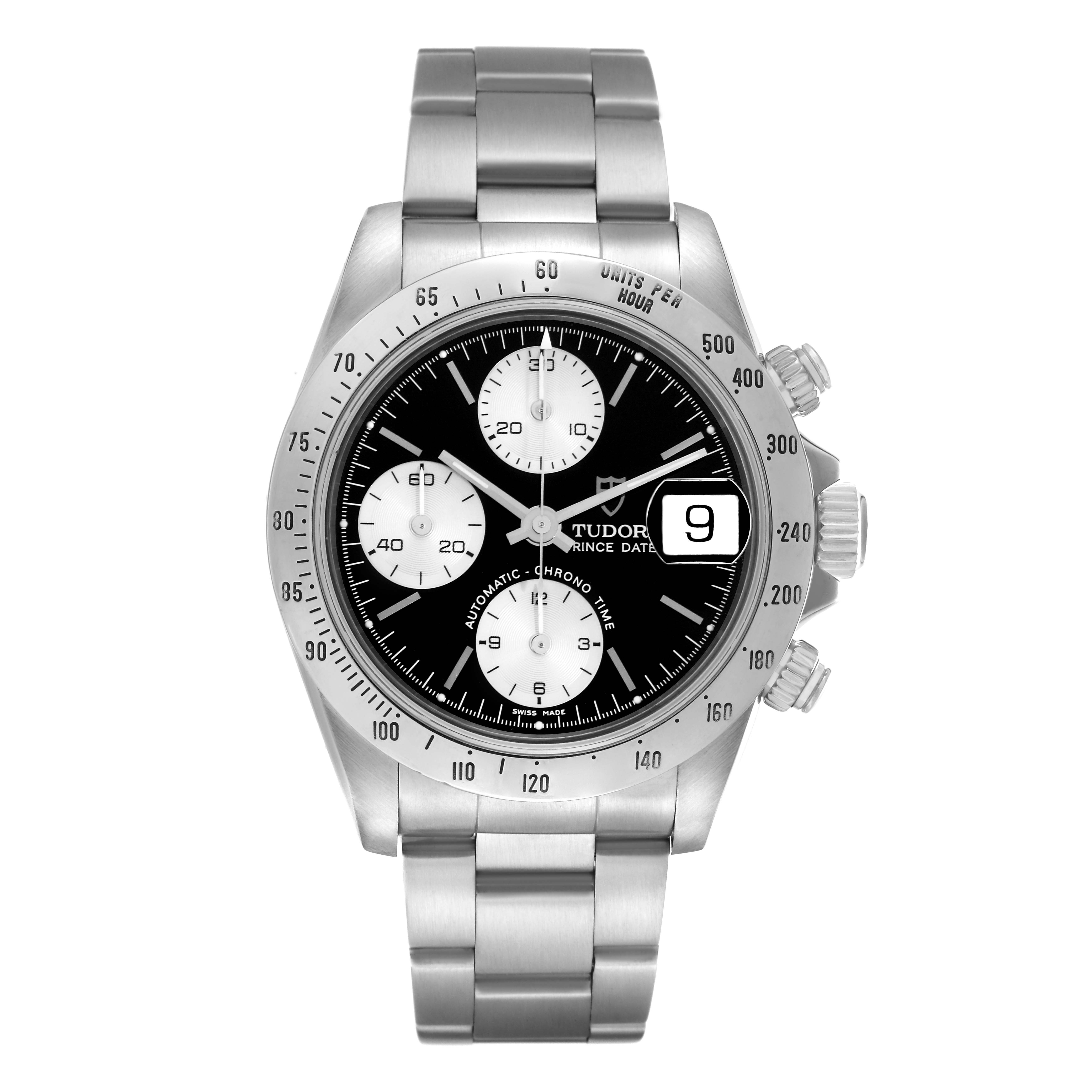 The Tudor Tiger 79280 Mens Stainless Steel Black Dial watch is shown from a front angle displaying its dial, chronograph subdials, crown, and bracelet.