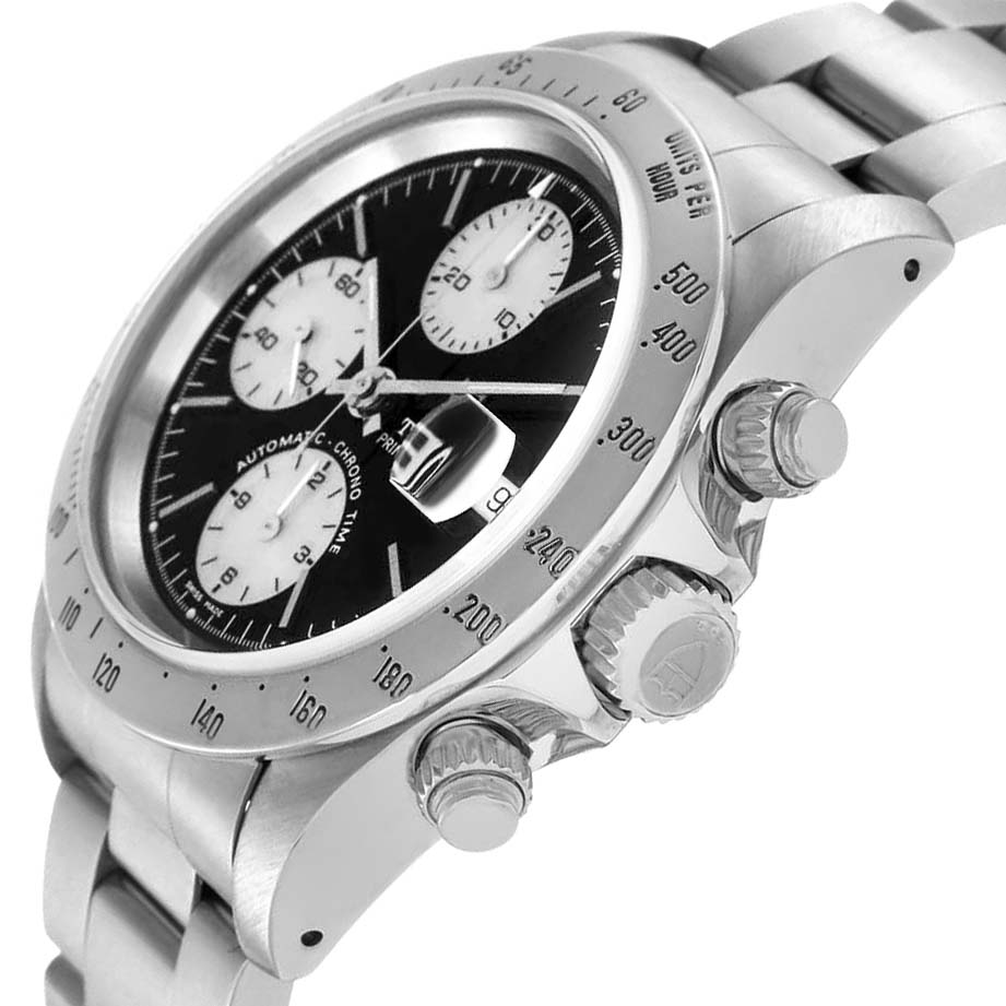 The Tudor Tiger 79280 Mens Stainless Steel Black Dial watch is shown at an angle highlighting the chronograph dials, bezel, crown, and pushers.