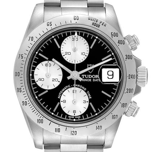 The image shows a front view of a Tudor Tiger 79280 Mens Stainless Steel Black Dial watch, featuring its dial, bezel, subdials, and side buttons.
