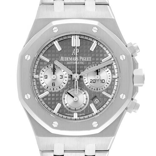 The image displays a front view of the Audemars Piguet Royal Oak watch, highlighting its dial, bracelet, and chronograph features.