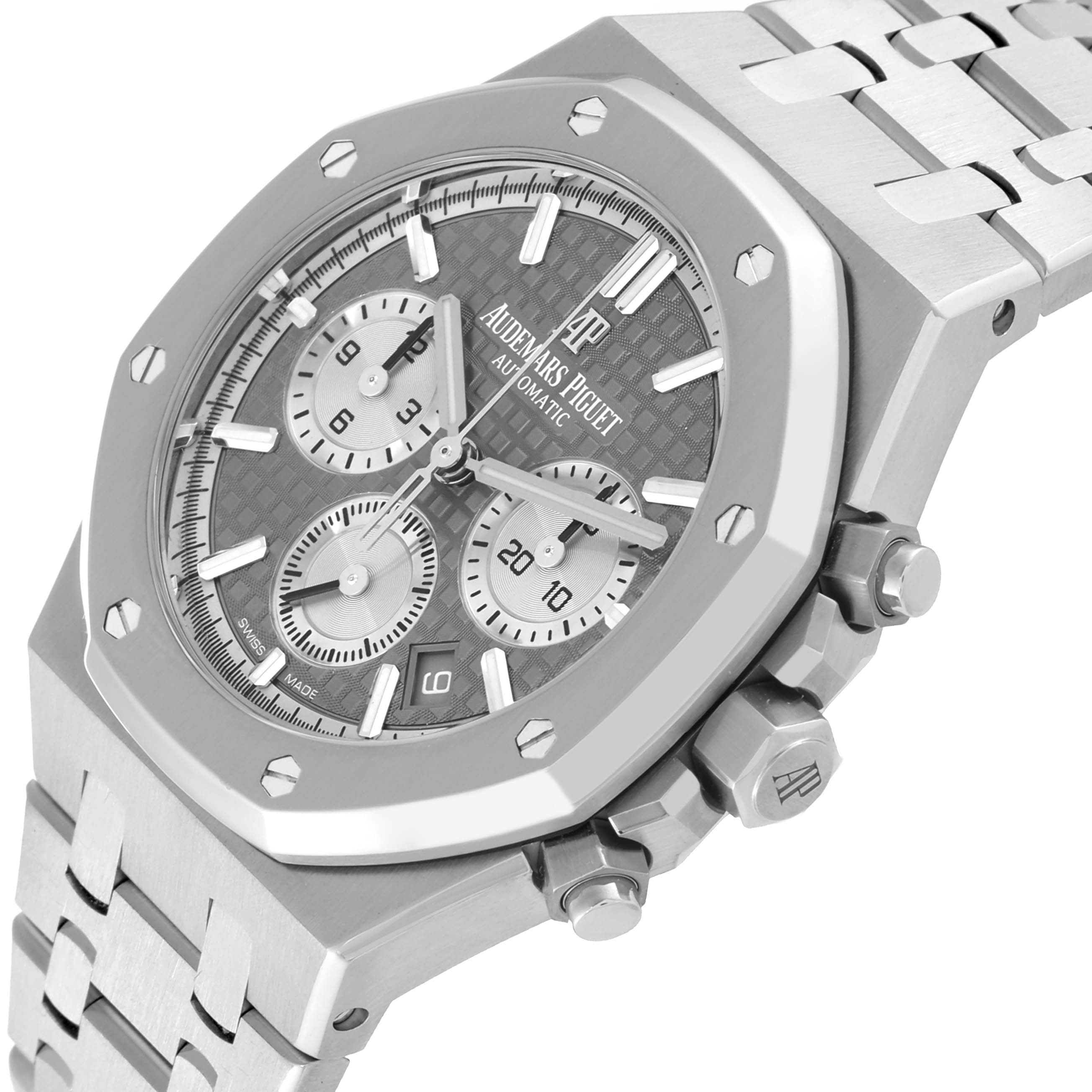 This image shows a close-up of the Audemars Piguet Royal Oak 26315ST.OO.1256ST.02 Men's Stainless Steel Silver Dial 26315ST.OO.1256ST.02 Men's Stainless Steel Silver Dial watch's face, bezel, and part of its bracelet from an angled top view.