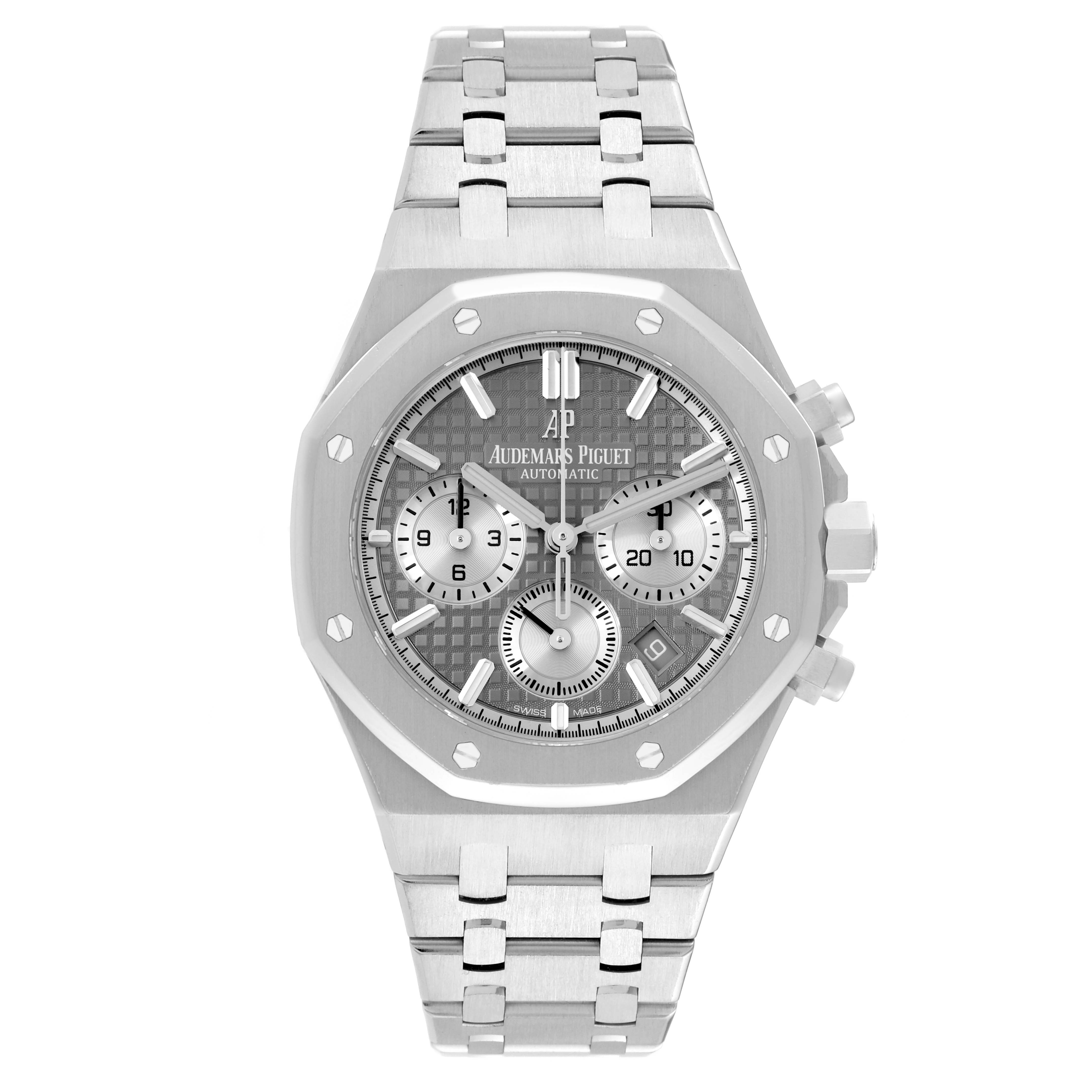 The image shows a front view of an Audemars Piguet Royal Oak 26315ST.OO.1256ST.02 Men's Stainless Steel Silver Dial 26315ST.OO.1256ST.02 Men's Stainless Steel Silver Dial watch, highlighting the dial, bezel, and bracelet.