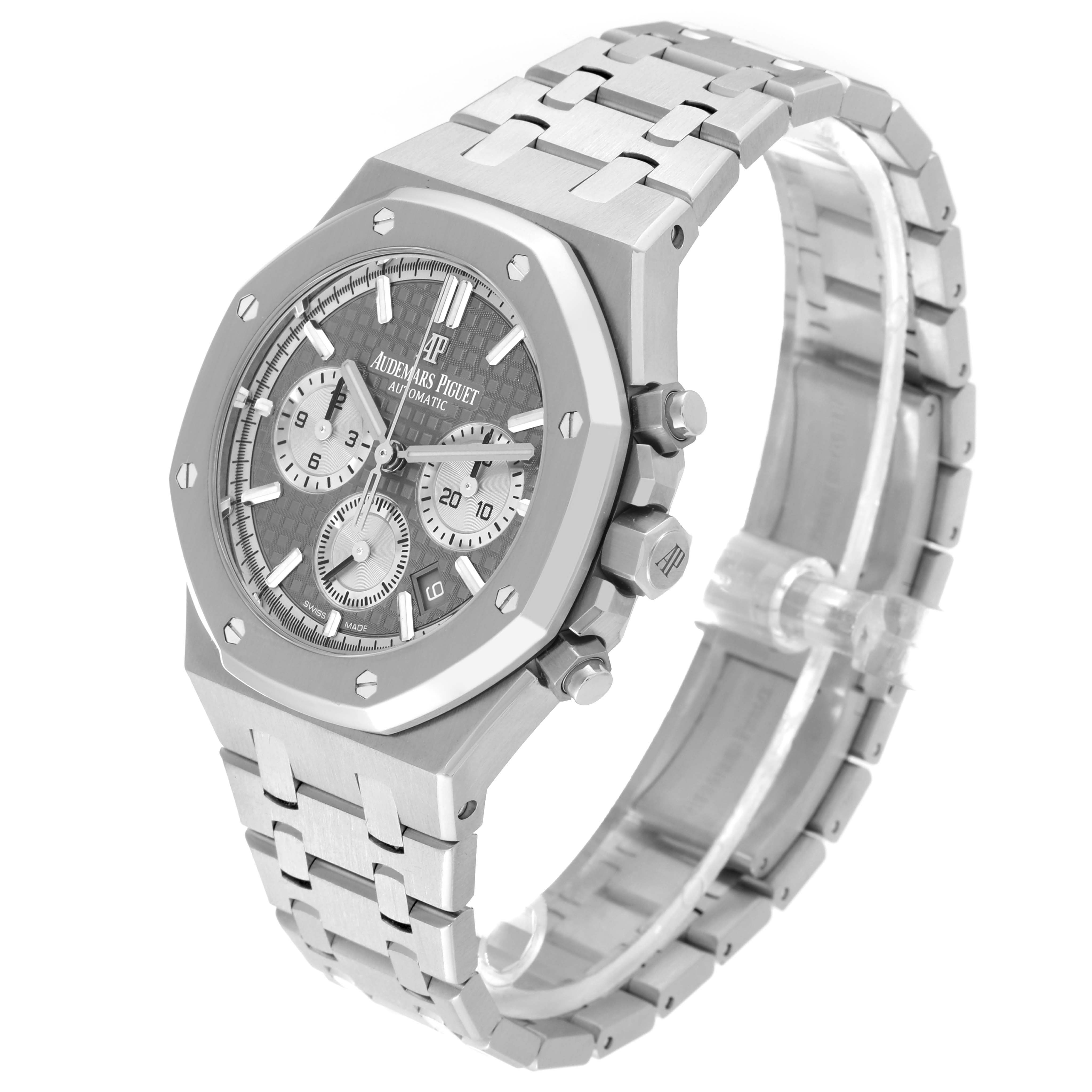 This image shows a side view of the Audemars Piguet Royal Oak 26315ST.OO.1256ST.02 Men's Stainless Steel Silver Dial 26315ST.OO.1256ST.02 Men's Stainless Steel Silver Dial watch, highlighting its dial, bezel, and bracelet.