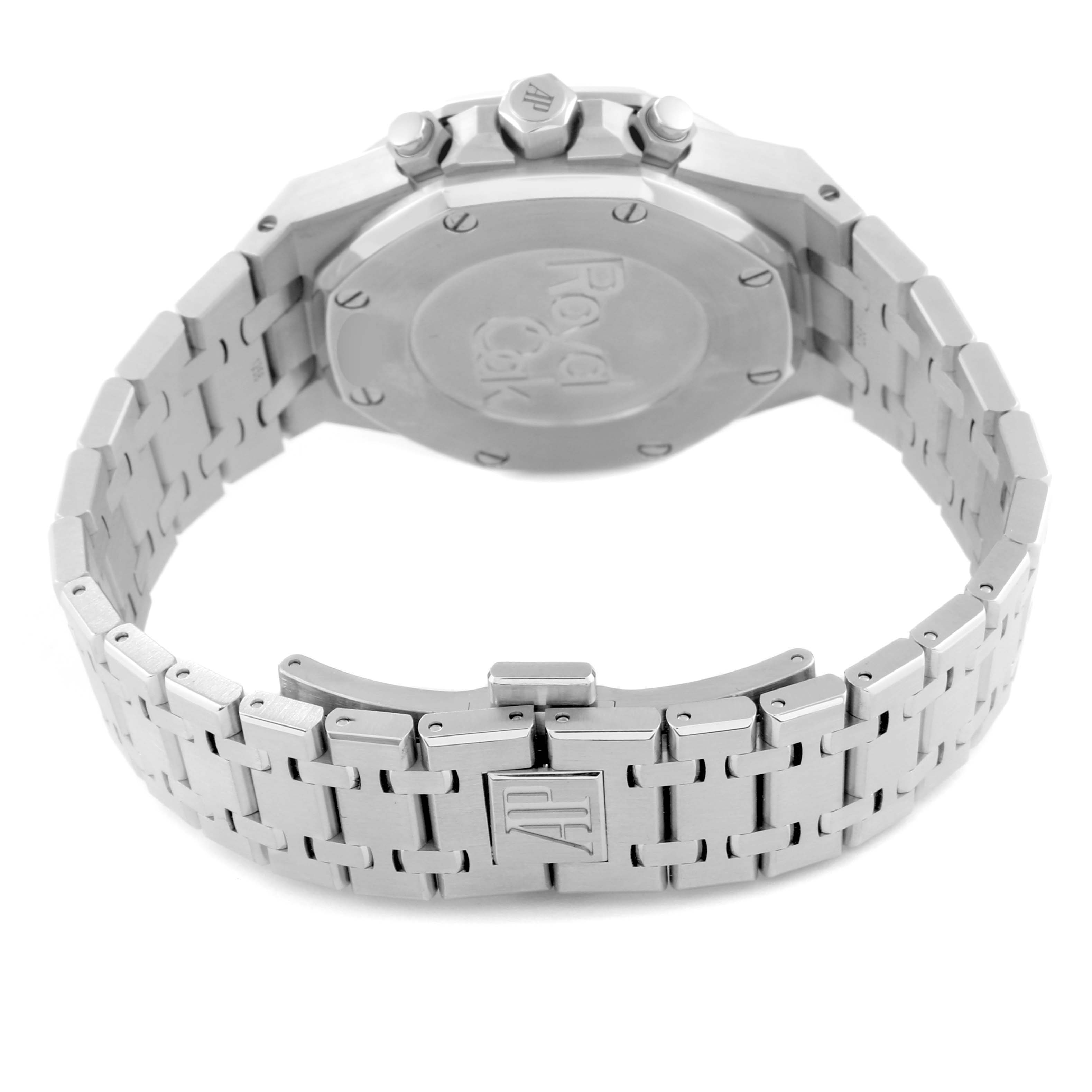 This image shows the back side and clasp of the Audemars Piguet Royal Oak 26315ST.OO.1256ST.02 Men's Stainless Steel Silver Dial 26315ST.OO.1256ST.02 Men's Stainless Steel Silver Dial watch with its bracelet and closed case-back clearly visible.