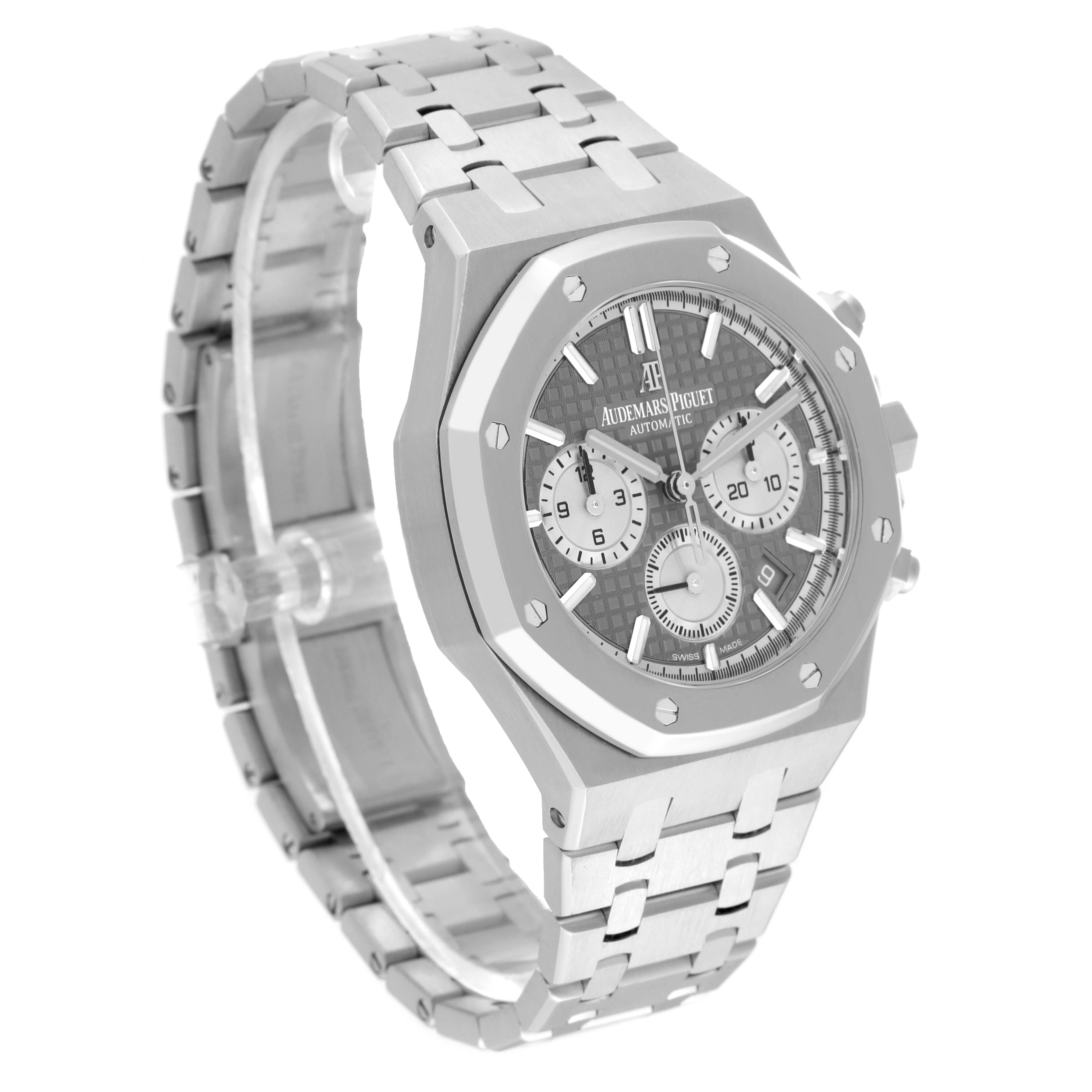 The image shows a side angle view of the Audemars Piguet Royal Oak 26315ST.OO.1256ST.02 Men's Stainless Steel Silver Dial 26315ST.OO.1256ST.02 Men's Stainless Steel Silver Dial watch, highlighting its octagonal bezel and bracelet.