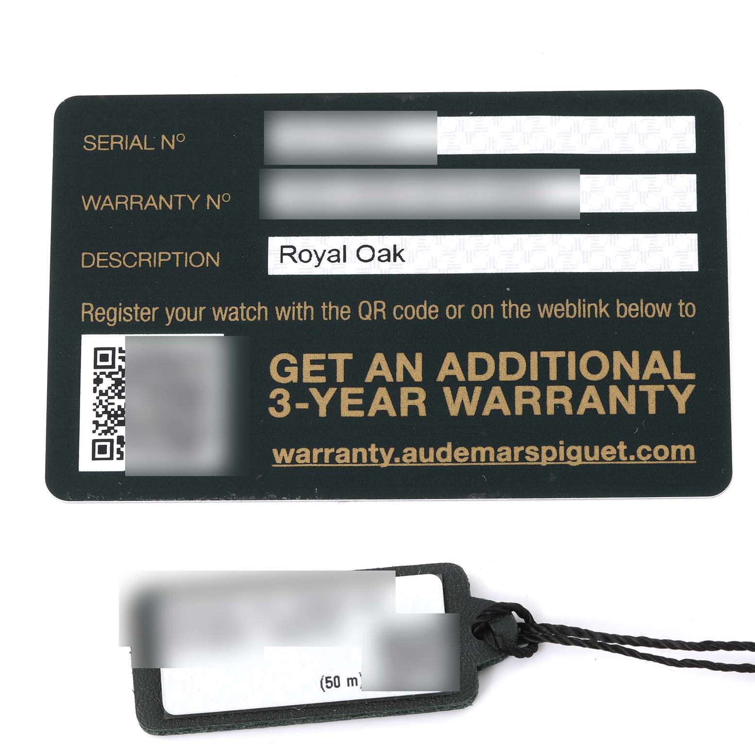 The image shows a warranty card and a tag for the Audemars Piguet Royal Oak 26315ST.OO.1256ST.02 Men's Stainless Steel Silver Dial 26315ST.OO.1256ST.02 Men's Stainless Steel Silver Dial watch.