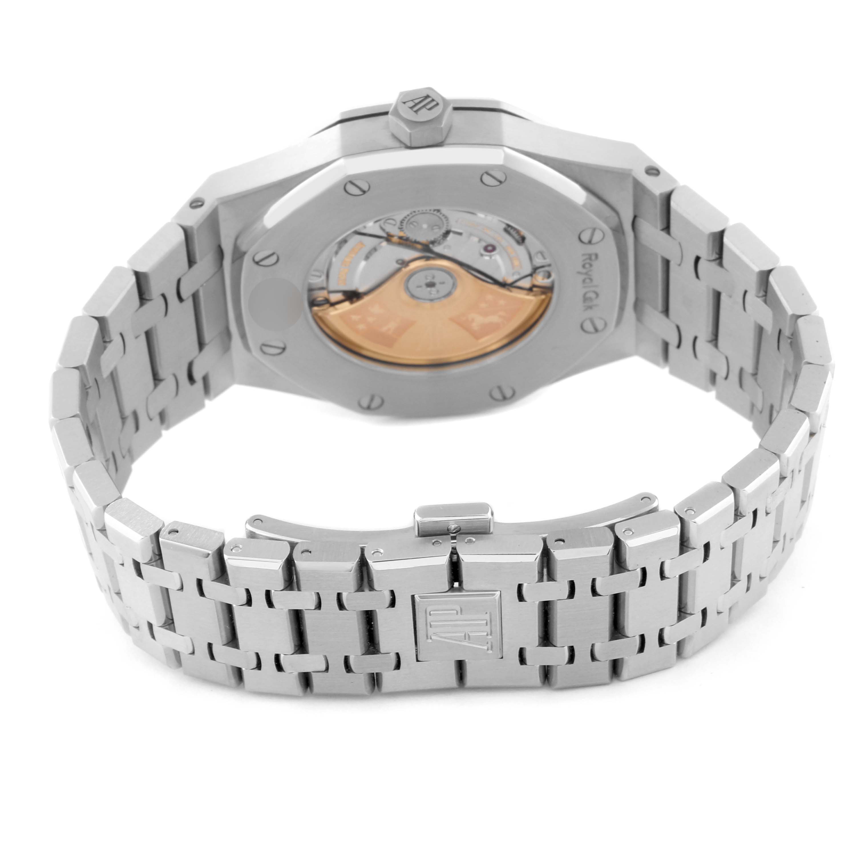 This image shows the back view of the Audemars Piguet Royal Oak 15400ST.OO.1220ST.01 Men's Stainless Steel Black Dial 15400ST.OO.1220ST.01 Men's Stainless Steel Black Dial watch, highlighting its transparent case back and bracelet clasp.