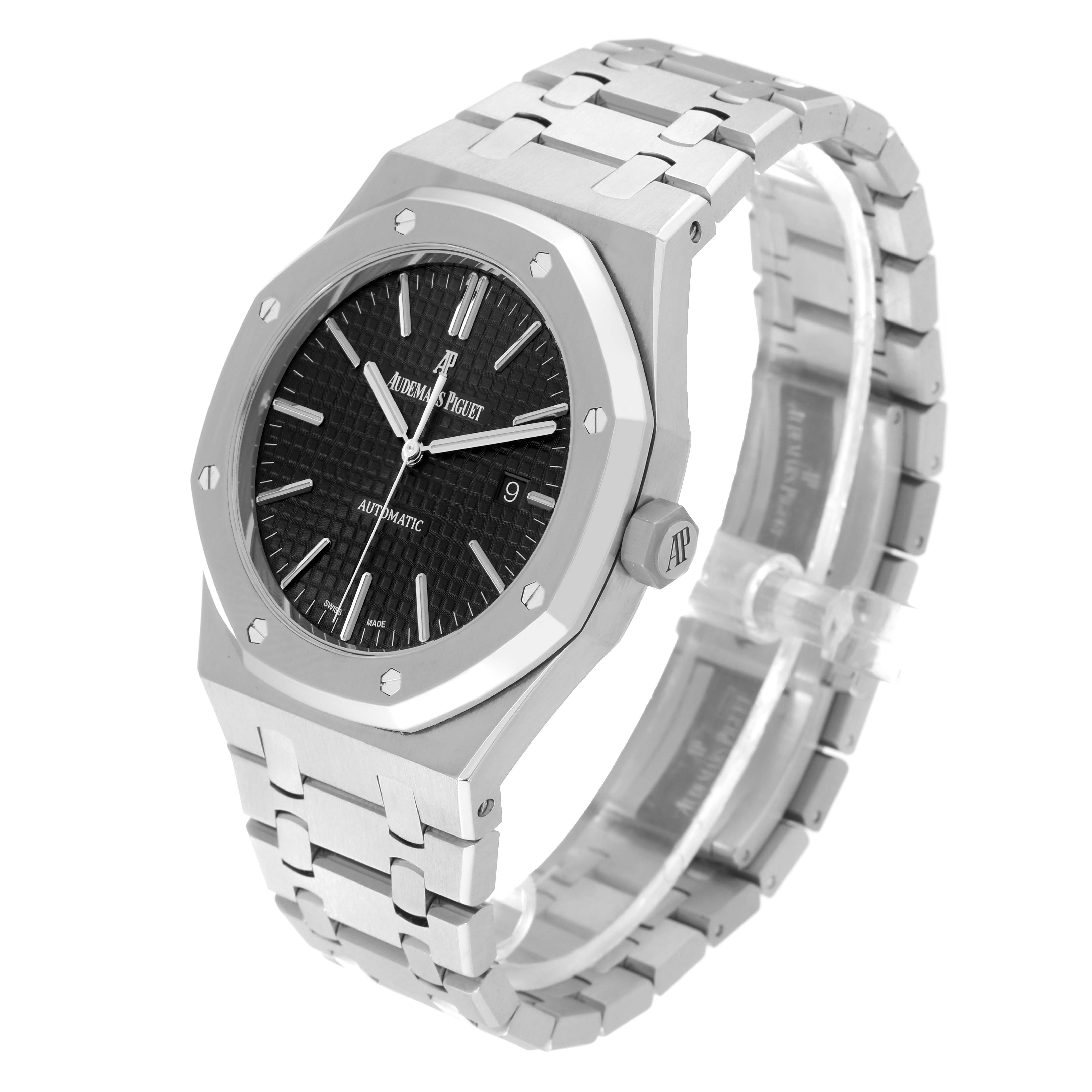 The image shows a side-angle view of an Audemars Piguet Royal Oak 15400ST.OO.1220ST.01 Men's Stainless Steel Black Dial 15400ST.OO.1220ST.01 Men's Stainless Steel Black Dial watch, displaying its face, bracelet, and side crown.