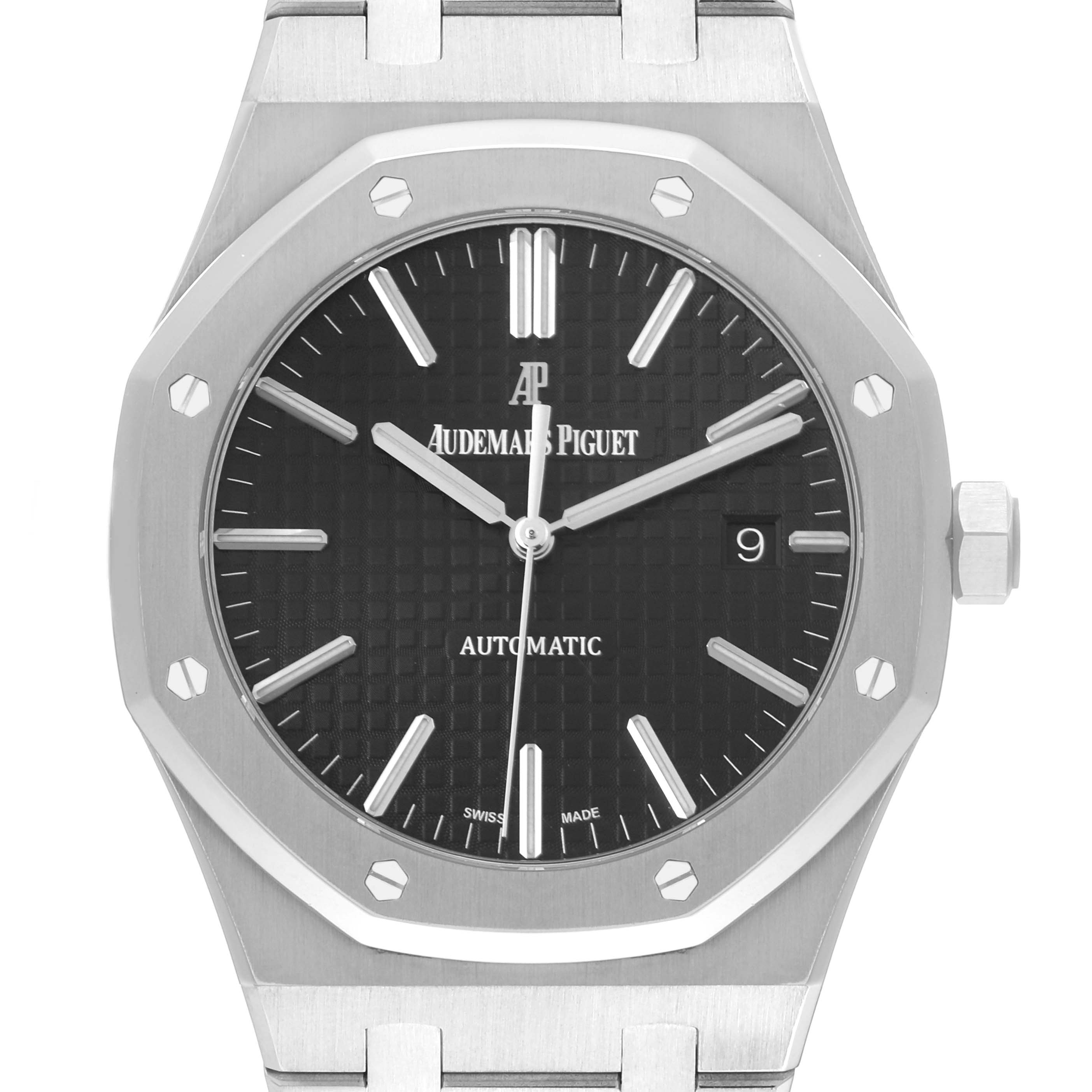 The image shows a front view of the Audemars Piguet Royal Oak 15400ST.OO.1220ST.01 Men's Stainless Steel Black Dial 15400ST.OO.1220ST.01 Men's Stainless Steel Black Dial watch, highlighting the face, bezel, and a portion of the bracelet.