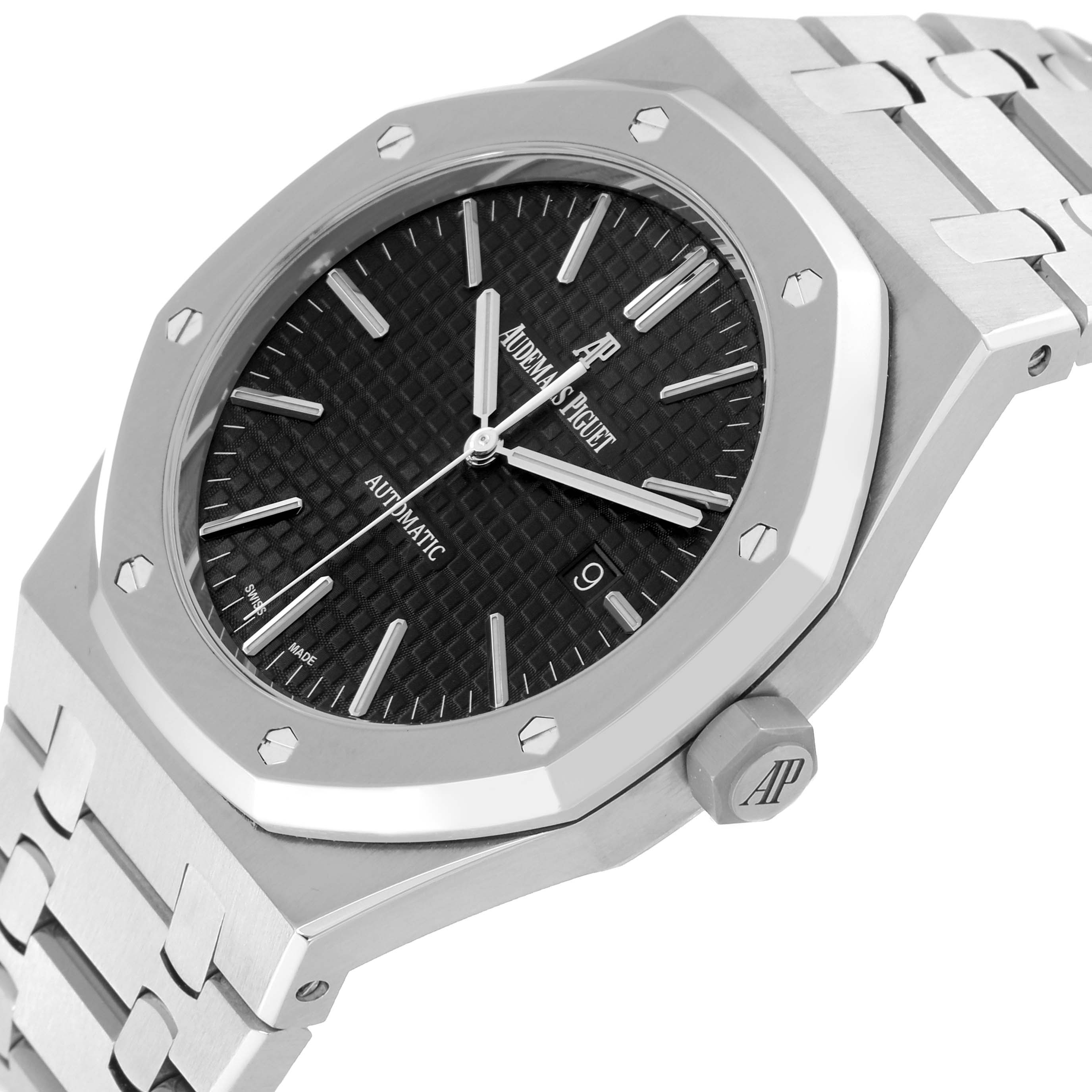 This image shows a close-up angle of an Audemars Piguet Royal Oak 15400ST.OO.1220ST.01 Men's Stainless Steel Black Dial 15400ST.OO.1220ST.01 Men's Stainless Steel Black Dial watch, highlighting its face, bezel, and part of the bracelet.