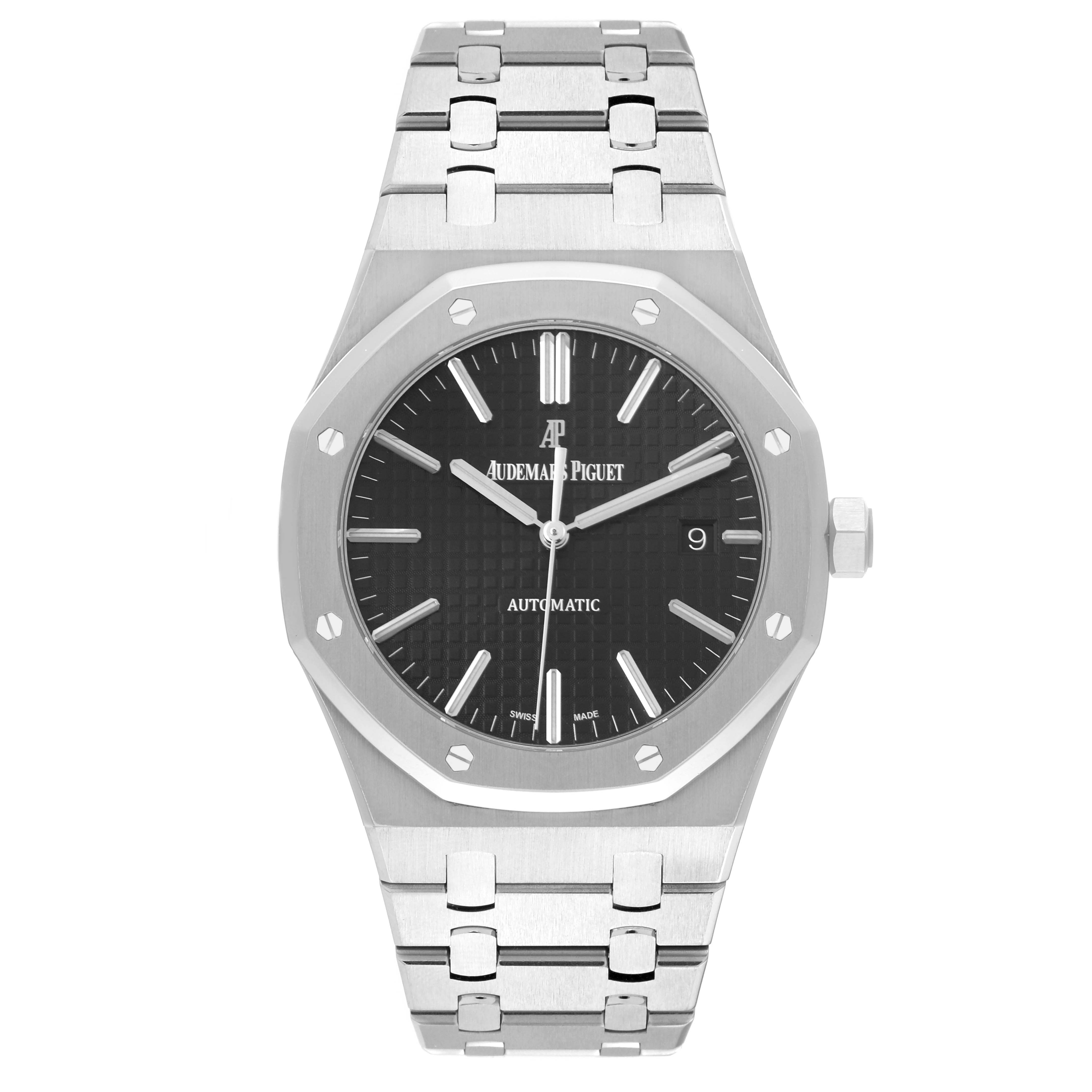 The image shows a front angle view of the Audemars Piguet Royal Oak 15400ST.OO.1220ST.01 Men's Stainless Steel Black Dial 15400ST.OO.1220ST.01 Men's Stainless Steel Black Dial watch, highlighting its face, bezel, and bracelet.