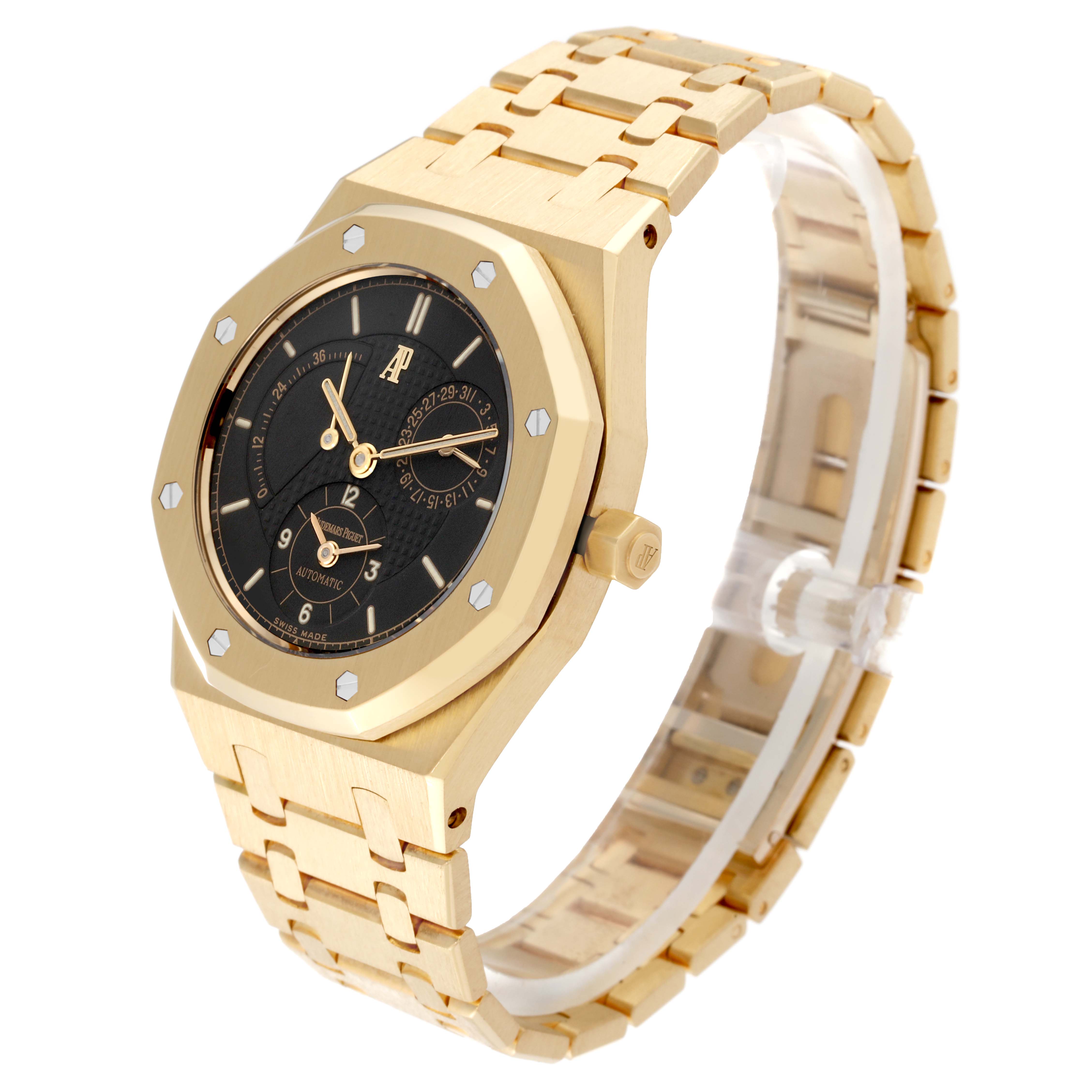 The image shows a side and angled view of an Audemars Piguet Royal Oak 25730BA Men's Yellow Gold Black Dial 25730BA Men's Yellow Gold Black Dial watch with a gold case and bracelet, and a black dial.