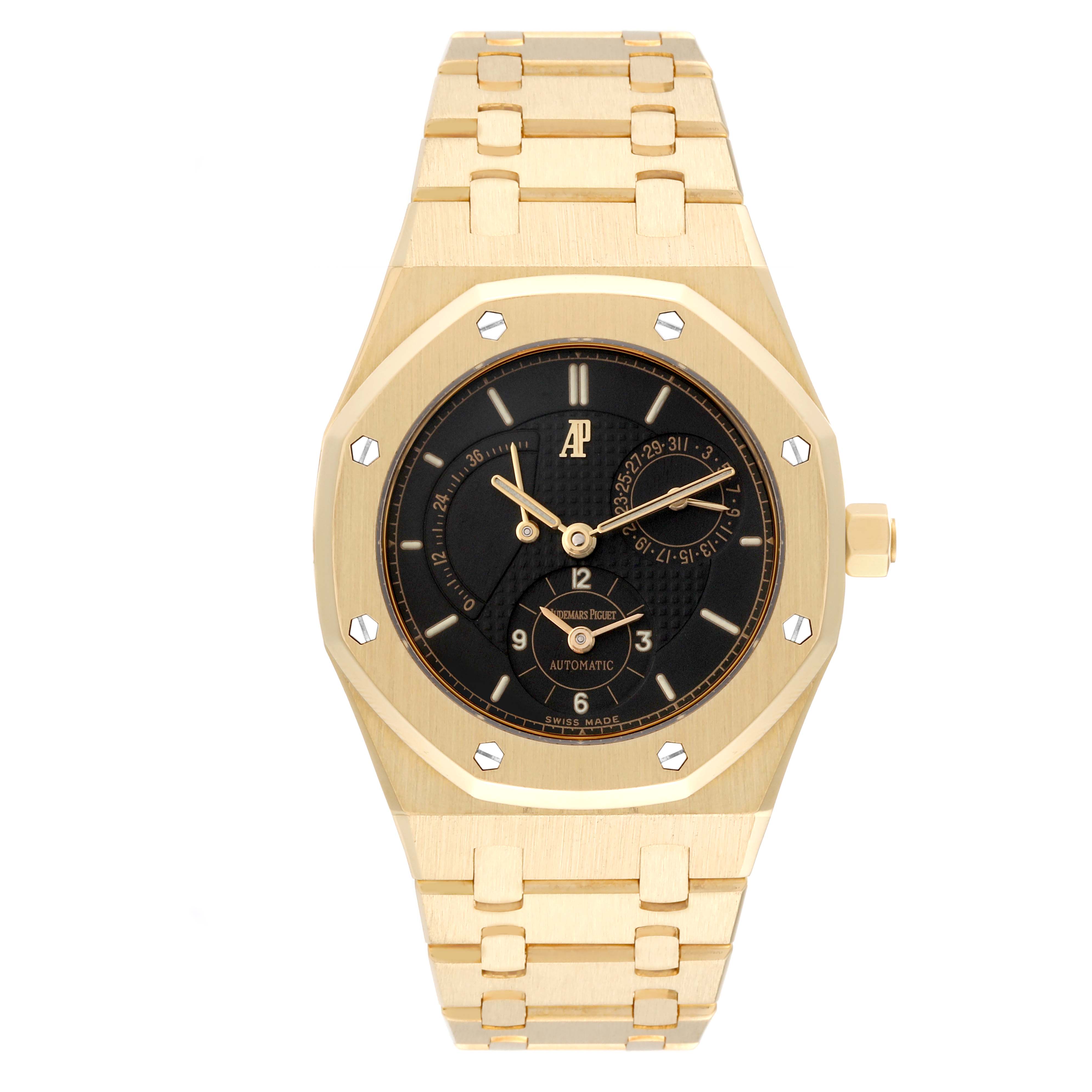This image shows a front view of the Audemars Piguet Royal Oak 25730BA Men's Yellow Gold Black Dial 25730BA Men's Yellow Gold Black Dial watch, highlighting the watch face, bezel, and bracelet.