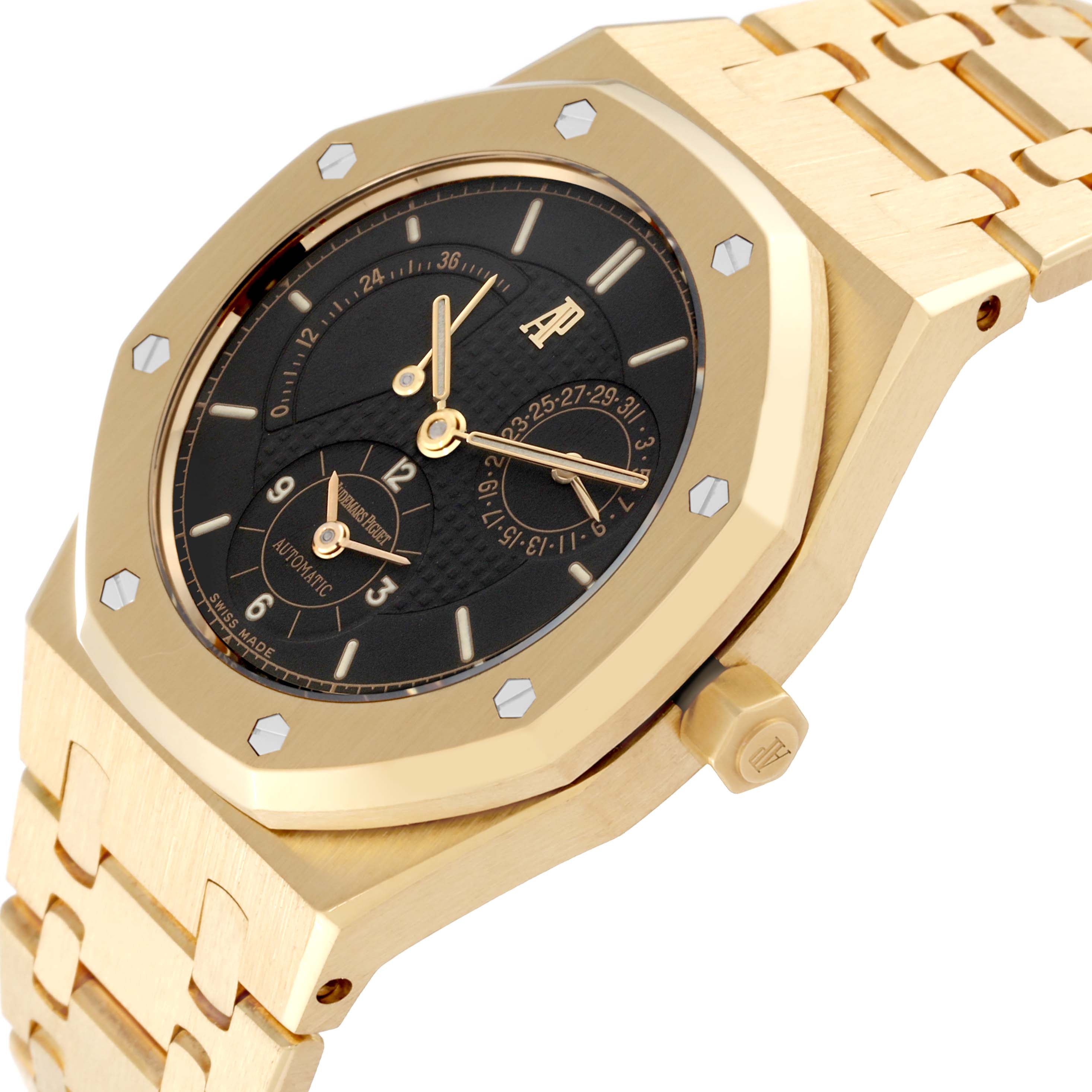 The Audemars Piguet Royal Oak 25730BA Men's Yellow Gold Black Dial 25730BA Men's Yellow Gold Black Dial watch is shown at an angled view, highlighting the dial, bezel, and part of the bracelet.