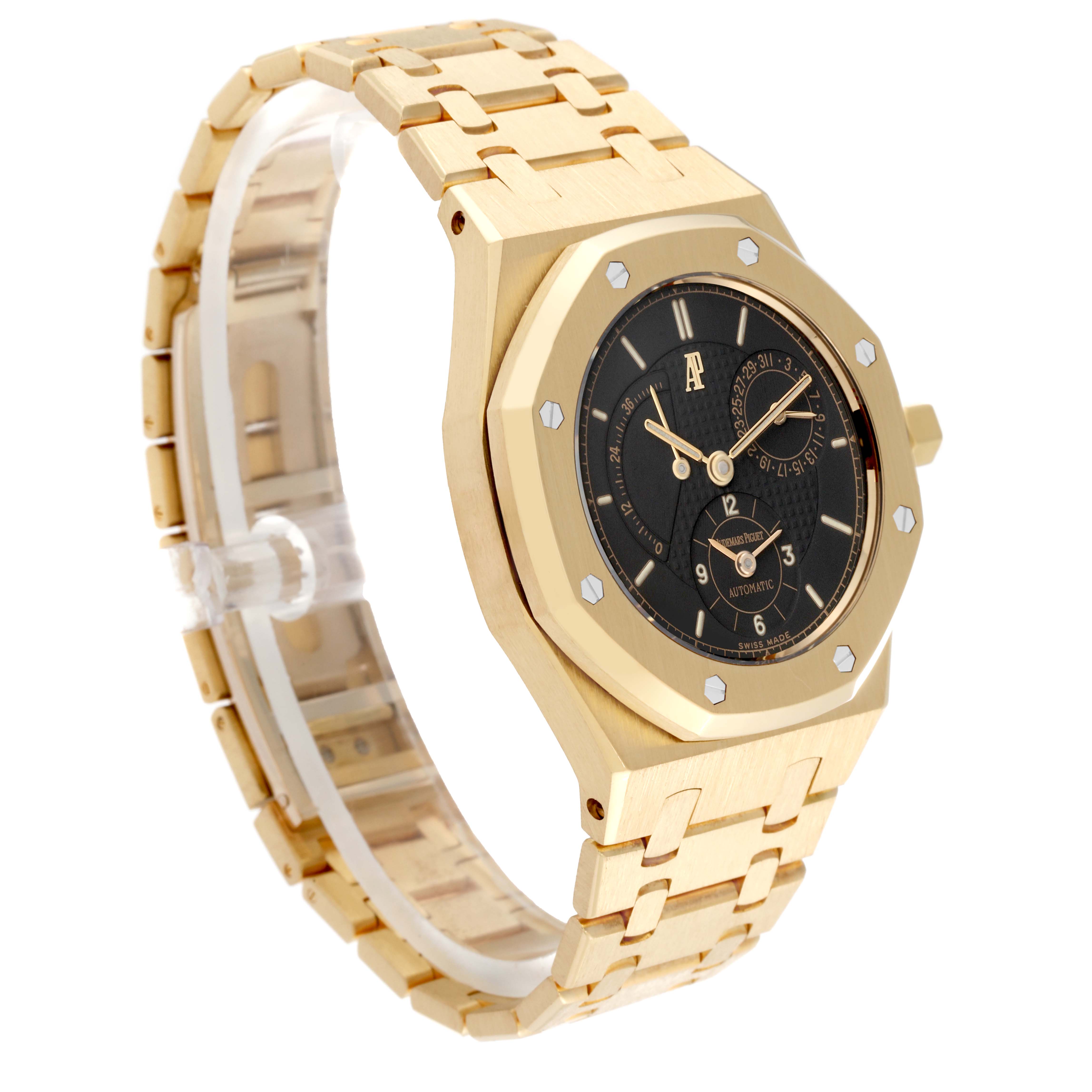 The Audemars Piguet Royal Oak 25730BA Men's Yellow Gold Black Dial 25730BA Men's Yellow Gold Black Dial watch is shown at an angle highlighting its gold case, bracelet, and black dial.