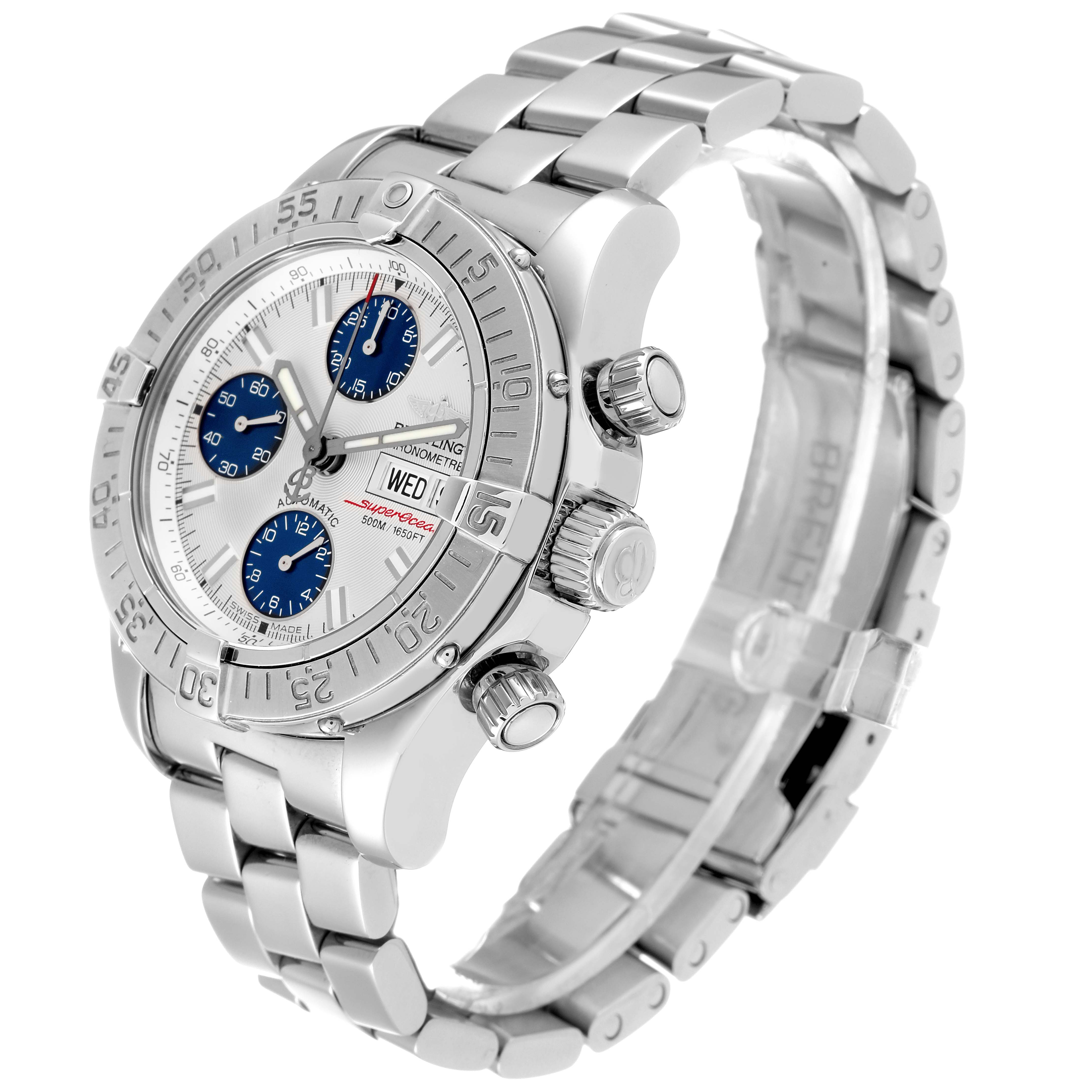 The image shows a side angle of the Breitling Superocean A13340 Men's Stainless Steel Silver Dial A13340 Men's Stainless Steel Silver Dial watch, displaying the face, bezel, crown, and bracelet.