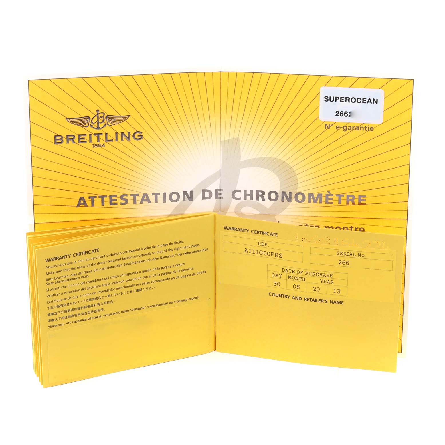 The image shows the warranty certificate and chronometer attestation booklet for the Breitling Superocean A13340 Men's Stainless Steel Silver Dial A13340 Men's Stainless Steel Silver Dial watch.